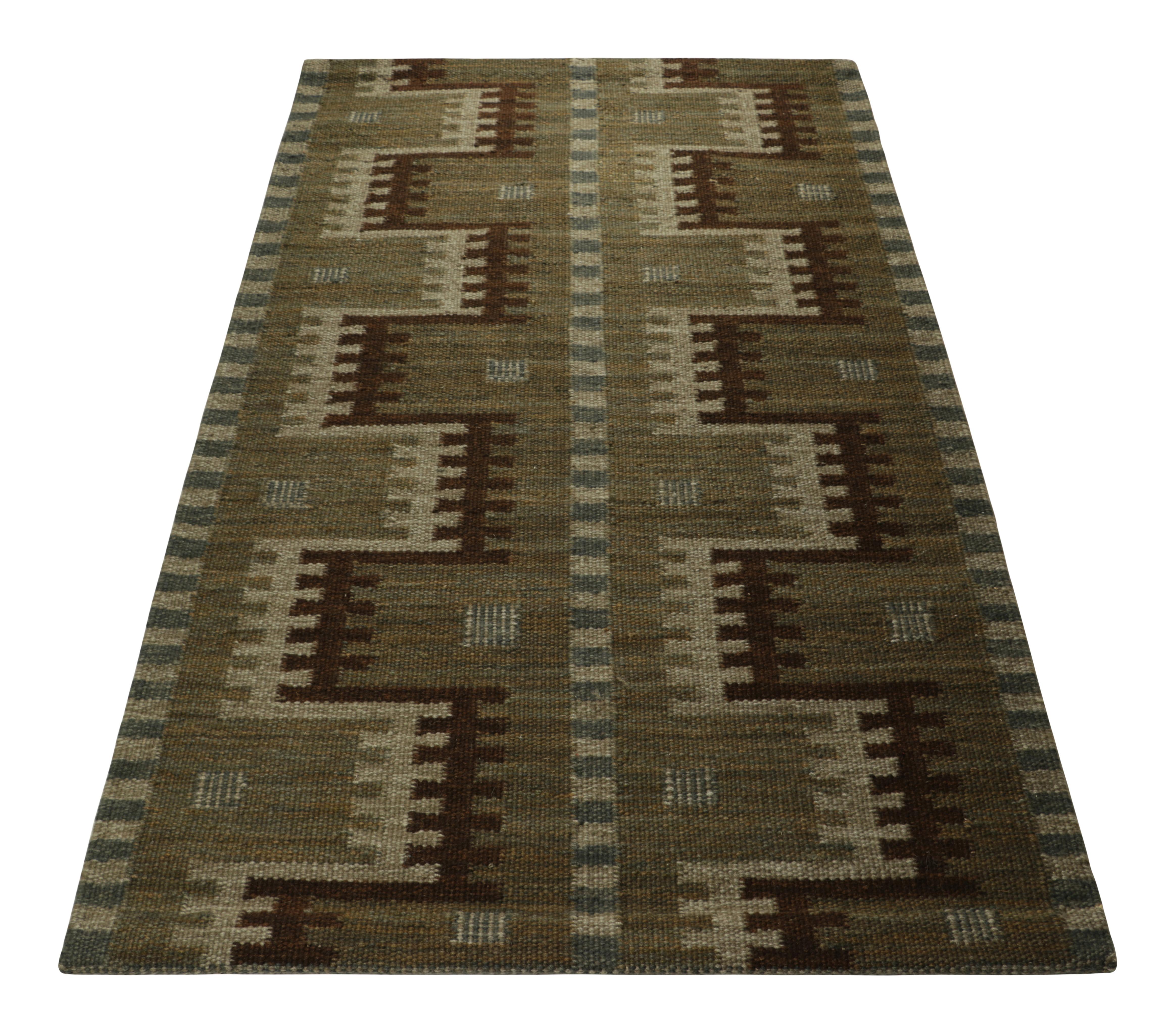 Indian Rug & Kilim’s Scandinavian Style Rug in Green with Beige-Brown Geometric Pattern For Sale