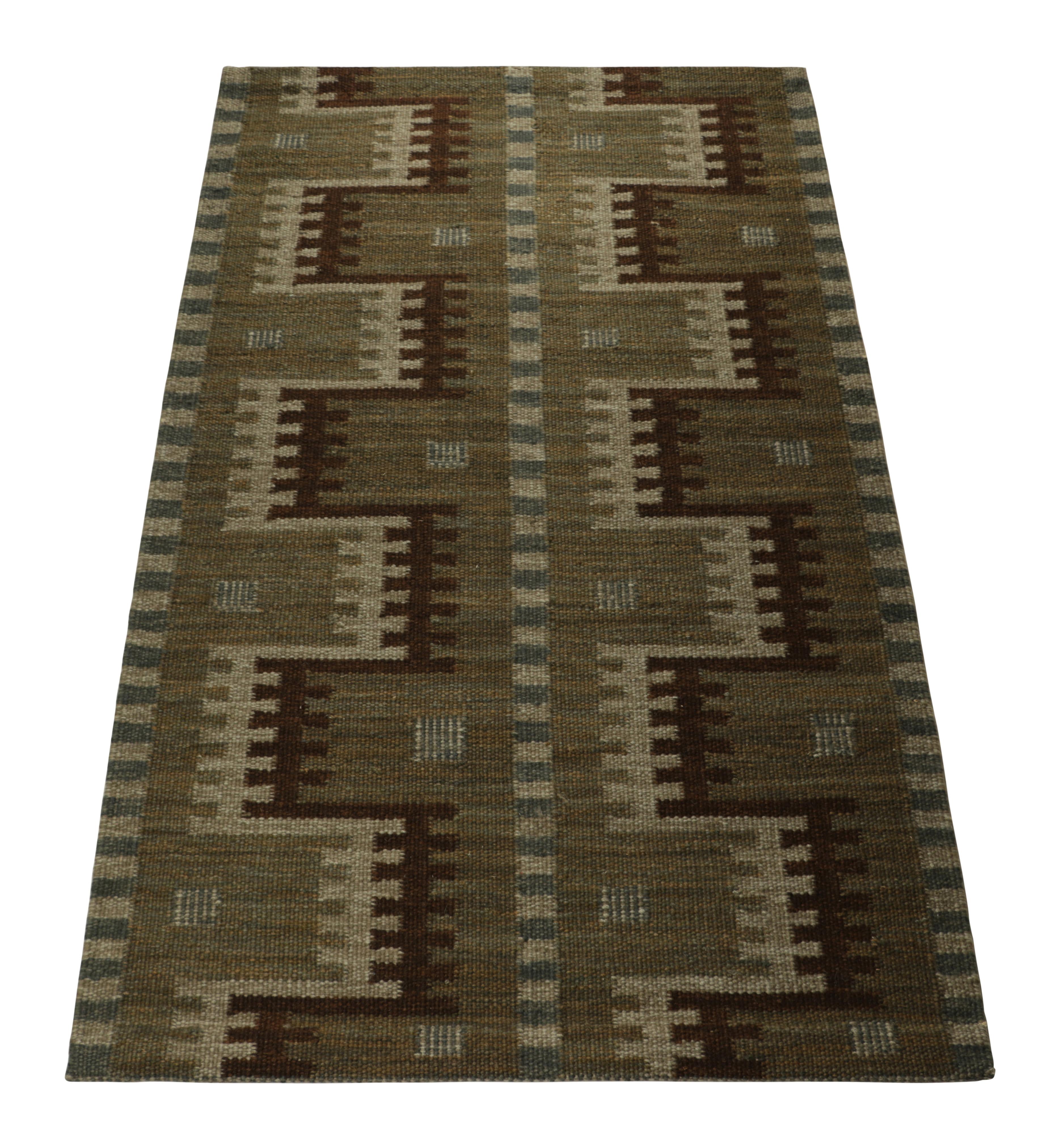 Hand-Woven Rug & Kilim’s Scandinavian Style Rug in Green with Beige-Brown Geometric Pattern For Sale