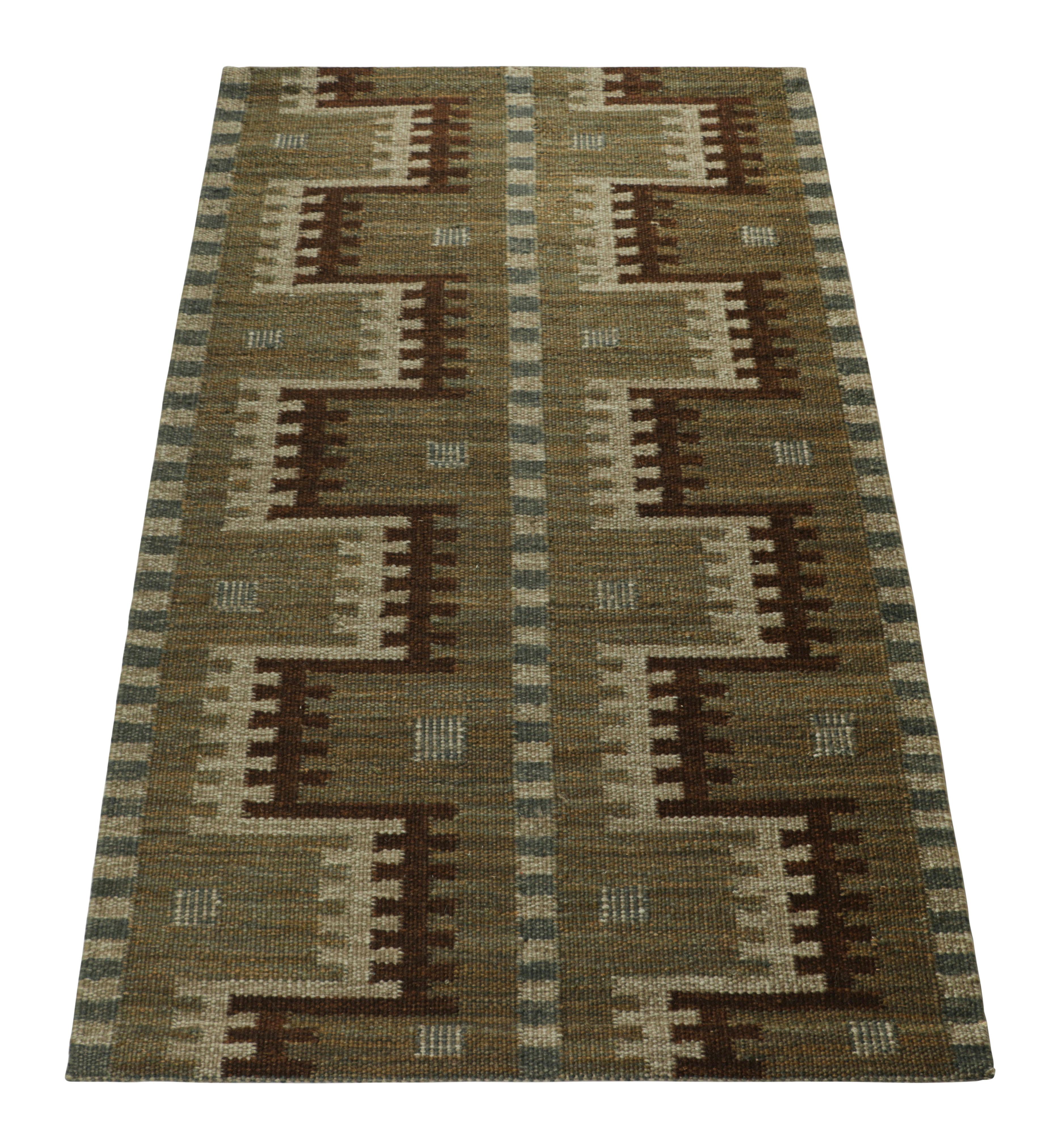 Indian Rug & Kilim’s Scandinavian Style Rug in Green with Beige-Brown Geometric Pattern For Sale
