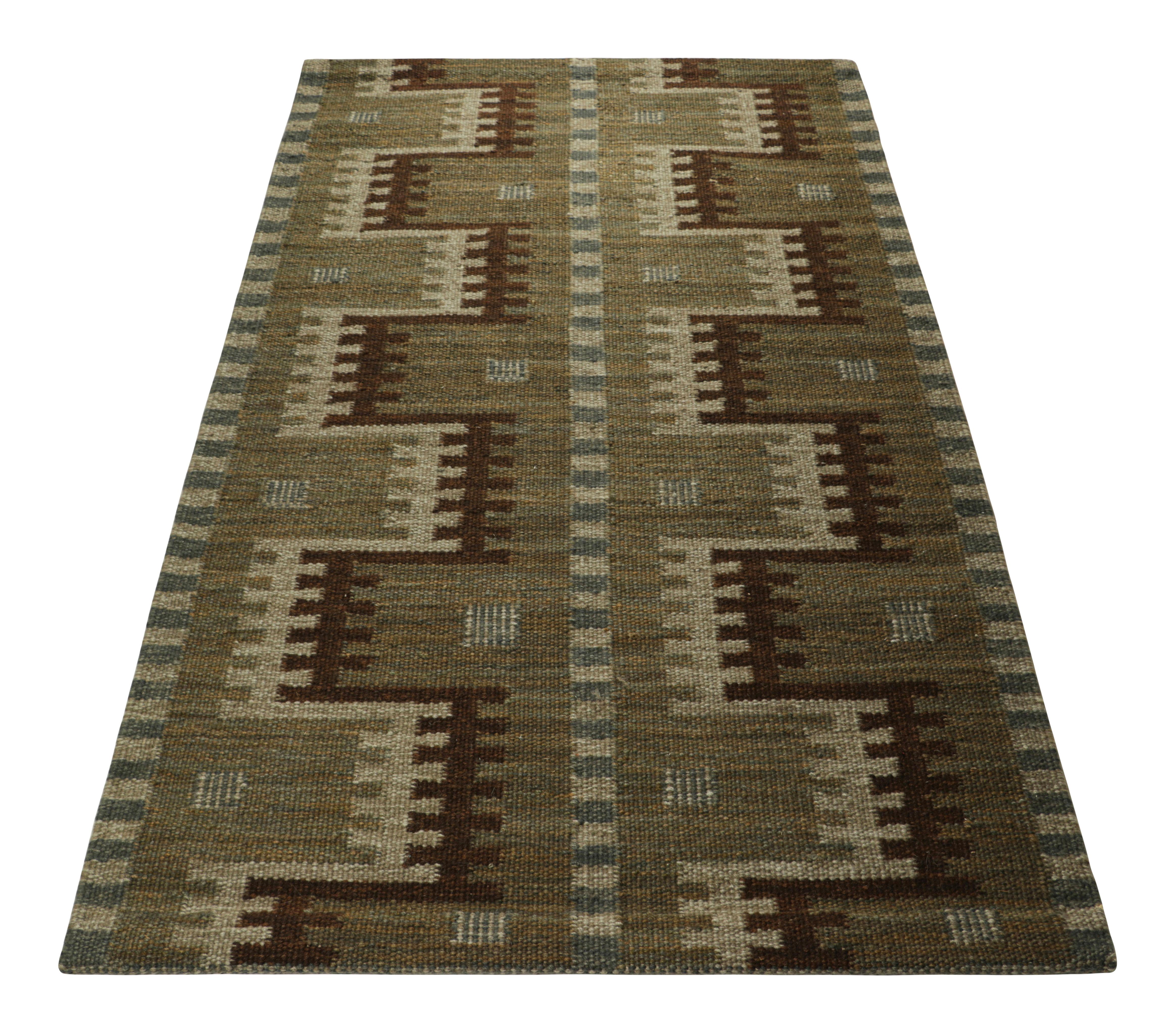 Hand-Woven Rug & Kilim’s Scandinavian Style Rug in Green with Beige-Brown Geometric Pattern For Sale
