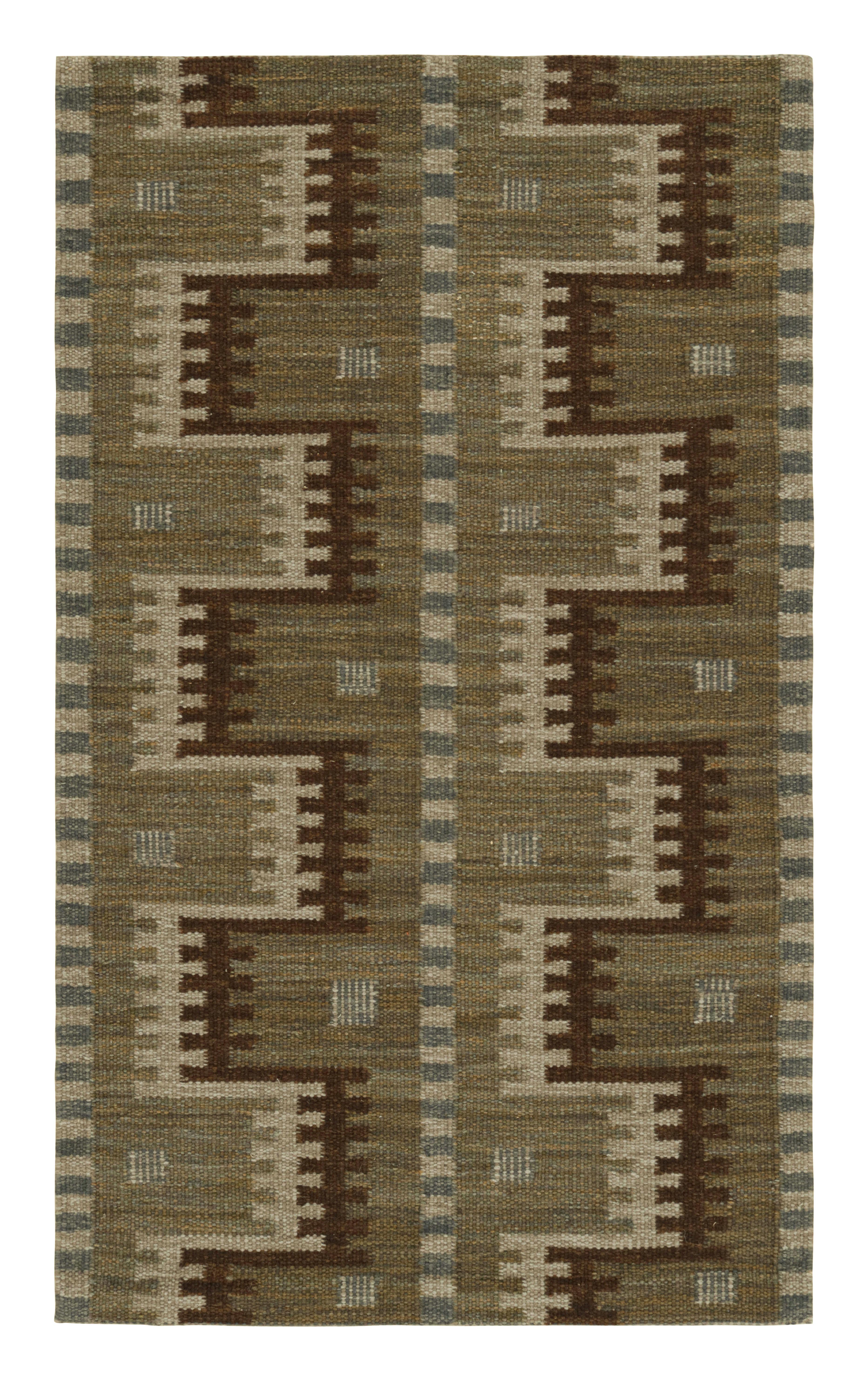 Rug & Kilim’s Scandinavian Style Rug in Green with Beige-Brown Geometric Pattern For Sale