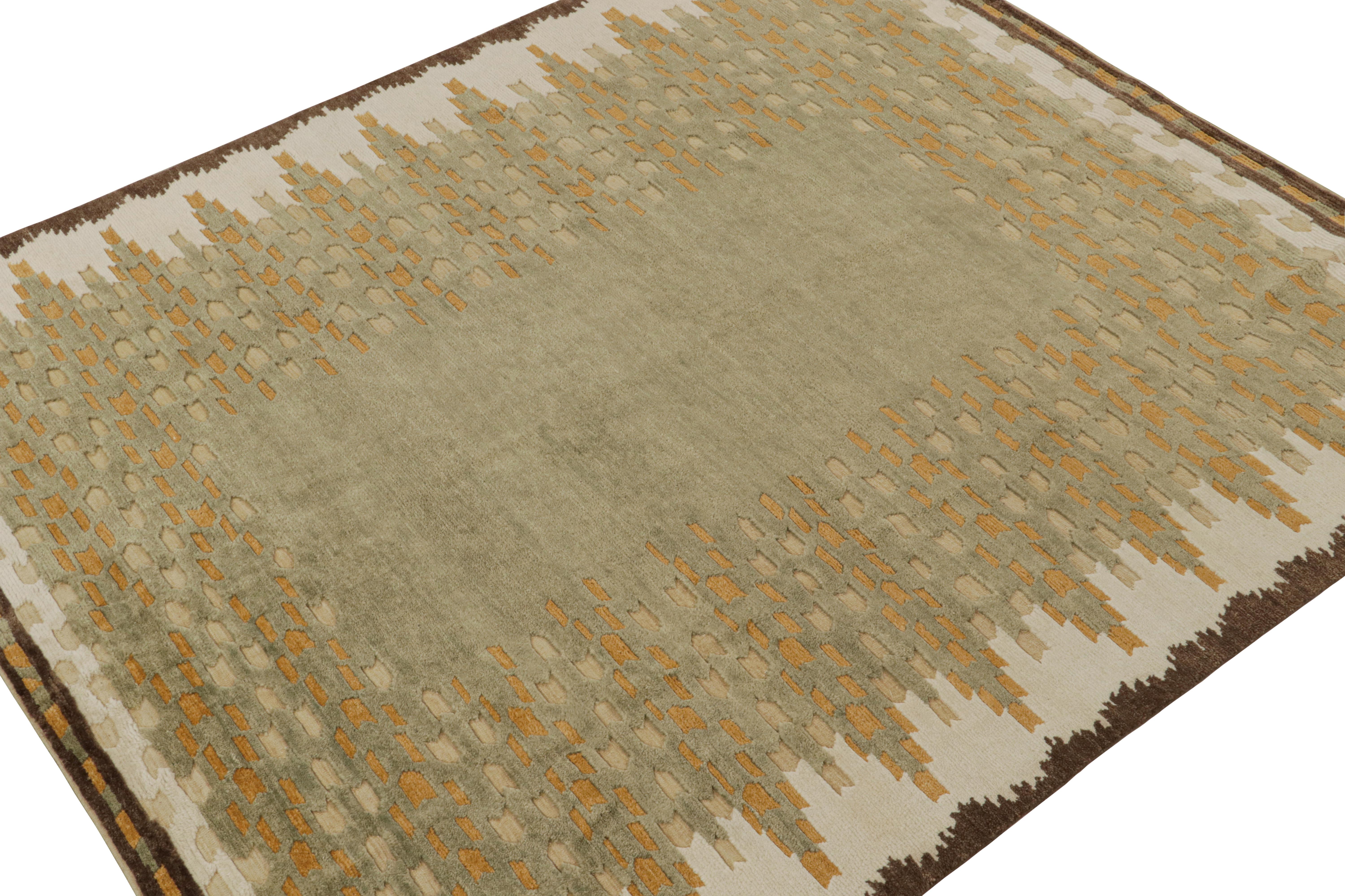 Dieser 8x10 große moderne Teppich aus handgeknüpfter Wolle repräsentiert die Florstruktur der skandinavischen Teppichkollektion von Rug & Kilim.

Über das Design:

Kenner werden ihn als zeitgenössische Neuinterpretation der Rollakhan- und