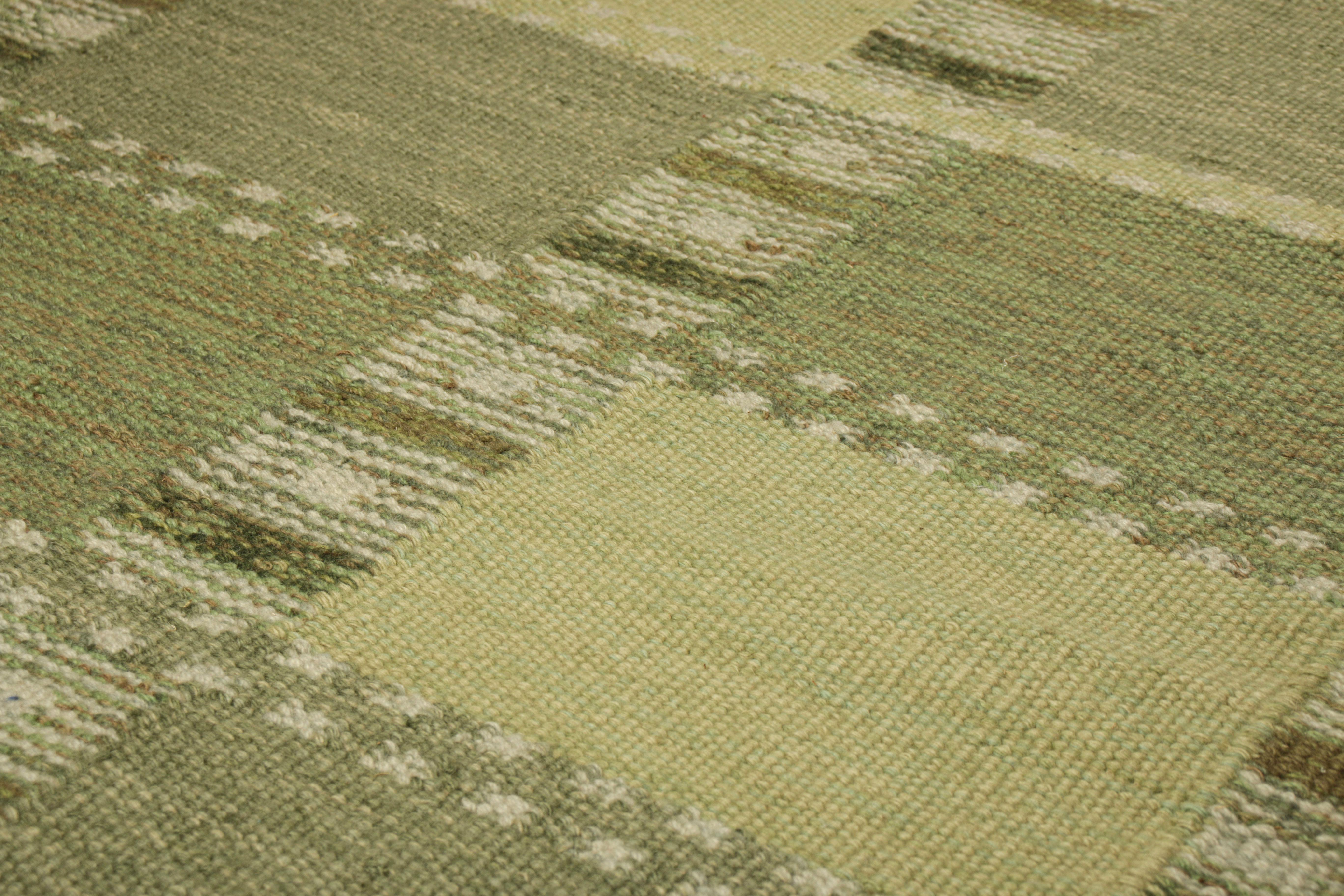 Dieser 3x5 große Akzentteppich im schwedischen Stil gehört zu einer aufregenden neuen Kollektion von Rug & Kilim in Geschenkgröße und ist eine kühne Ergänzung der Scandinavian Collection'S. Das handgewebte Flachgewebe aus Wolle mit ungefärbten