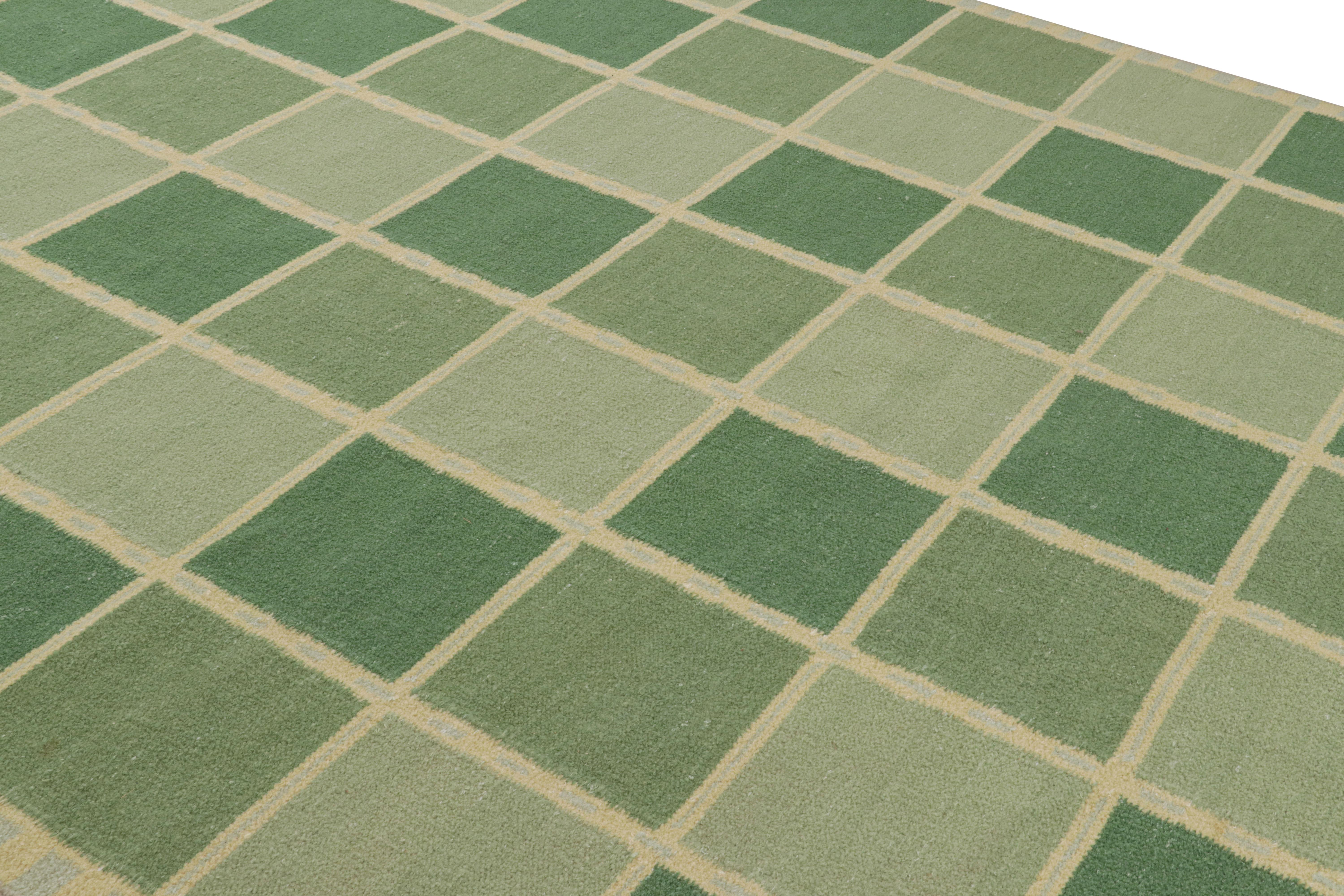 Dieser schwedische Teppich im Format 9x12 stellt eine neue Textur in der skandinavischen Teppichkollektion von Rug & Kilim dar. Das Design ist von schwedischem Minimalismus inspiriert und wird aus einer Mischung aus Wolle und exotischen Garnen