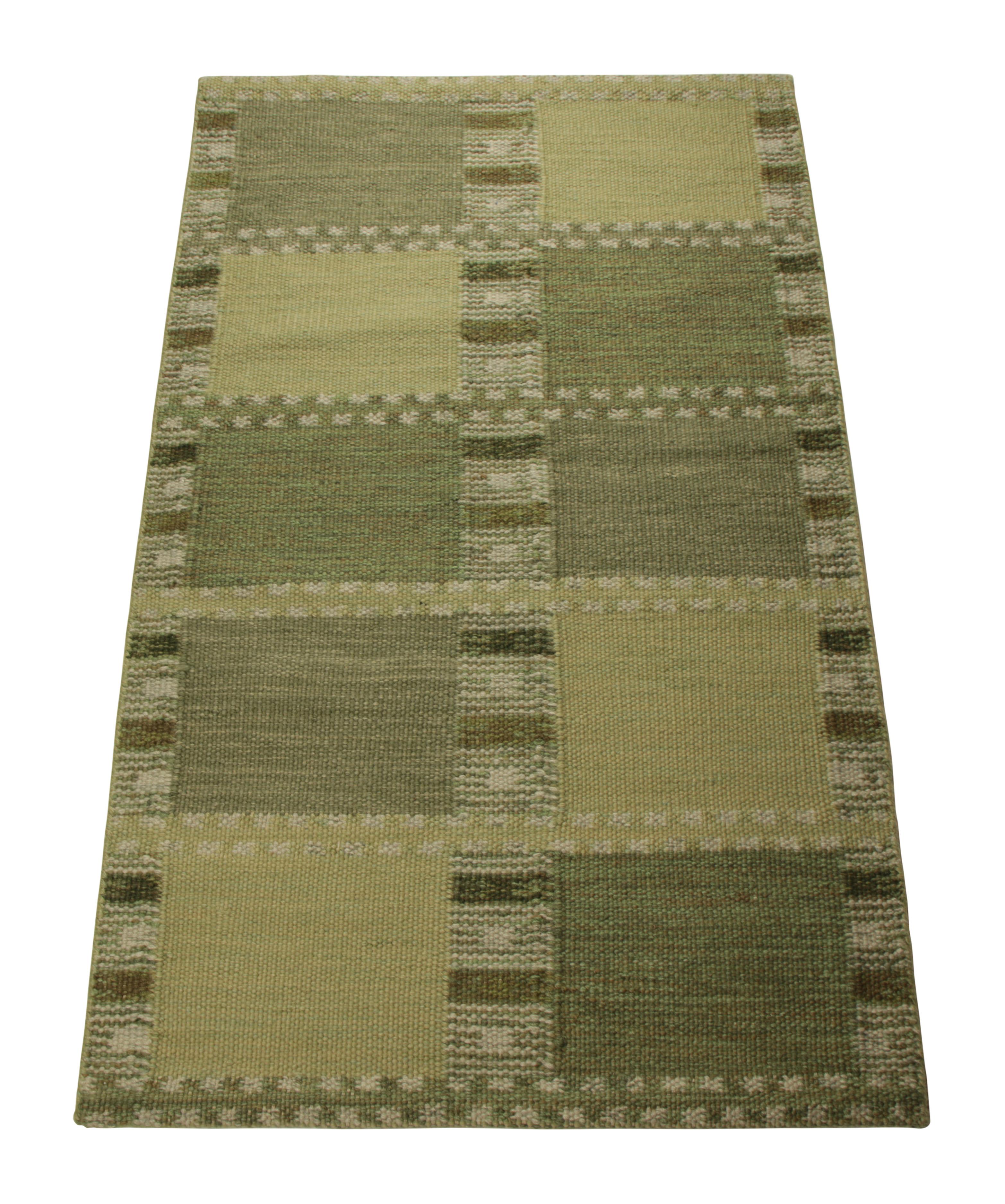 Indian Rug & Kilim’s Scandinavian Style Rug in Green, with Geometric Patterns For Sale