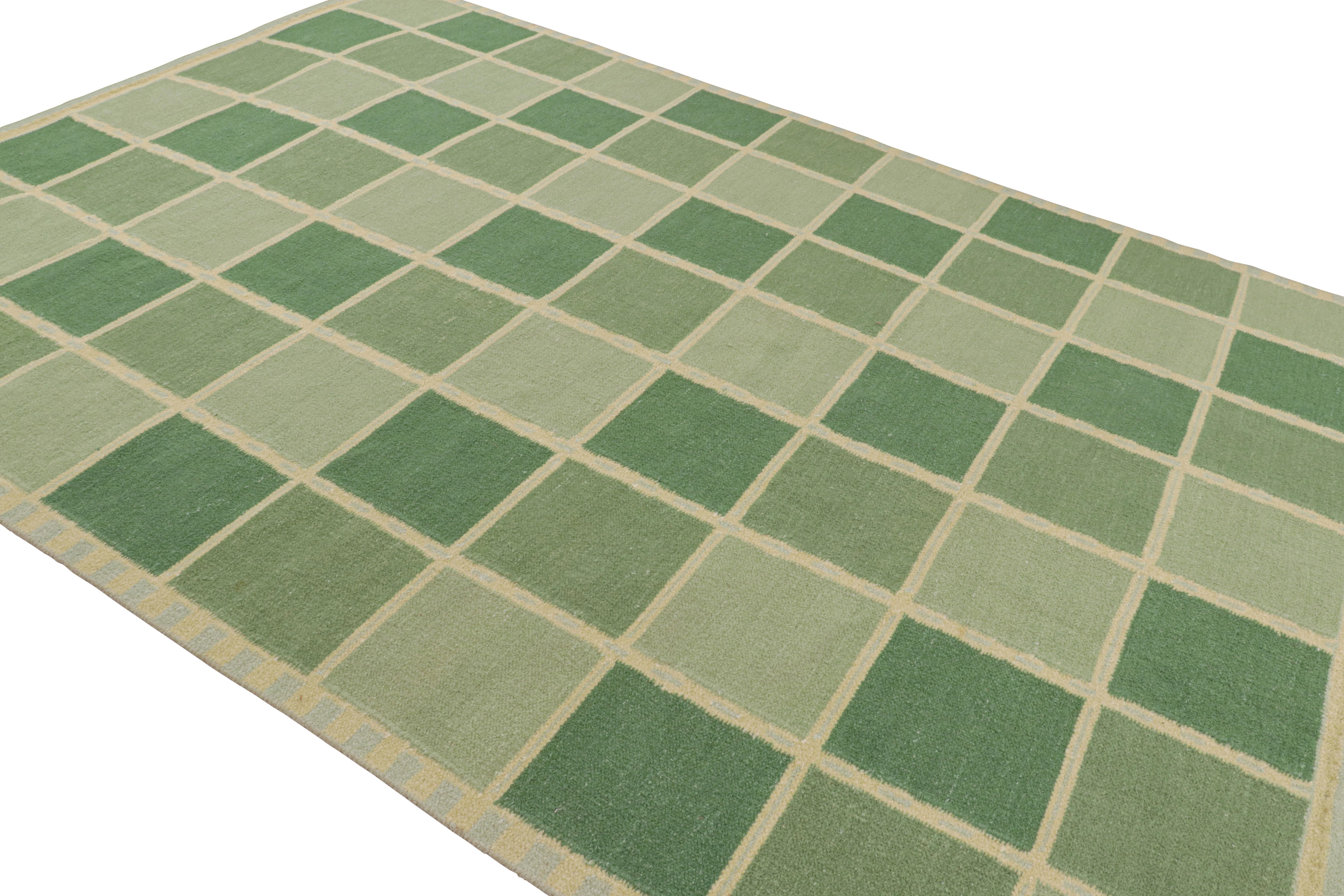 Indian Rug & Kilim’s Scandinavian Style Rug in Green with Geometric Patterns For Sale