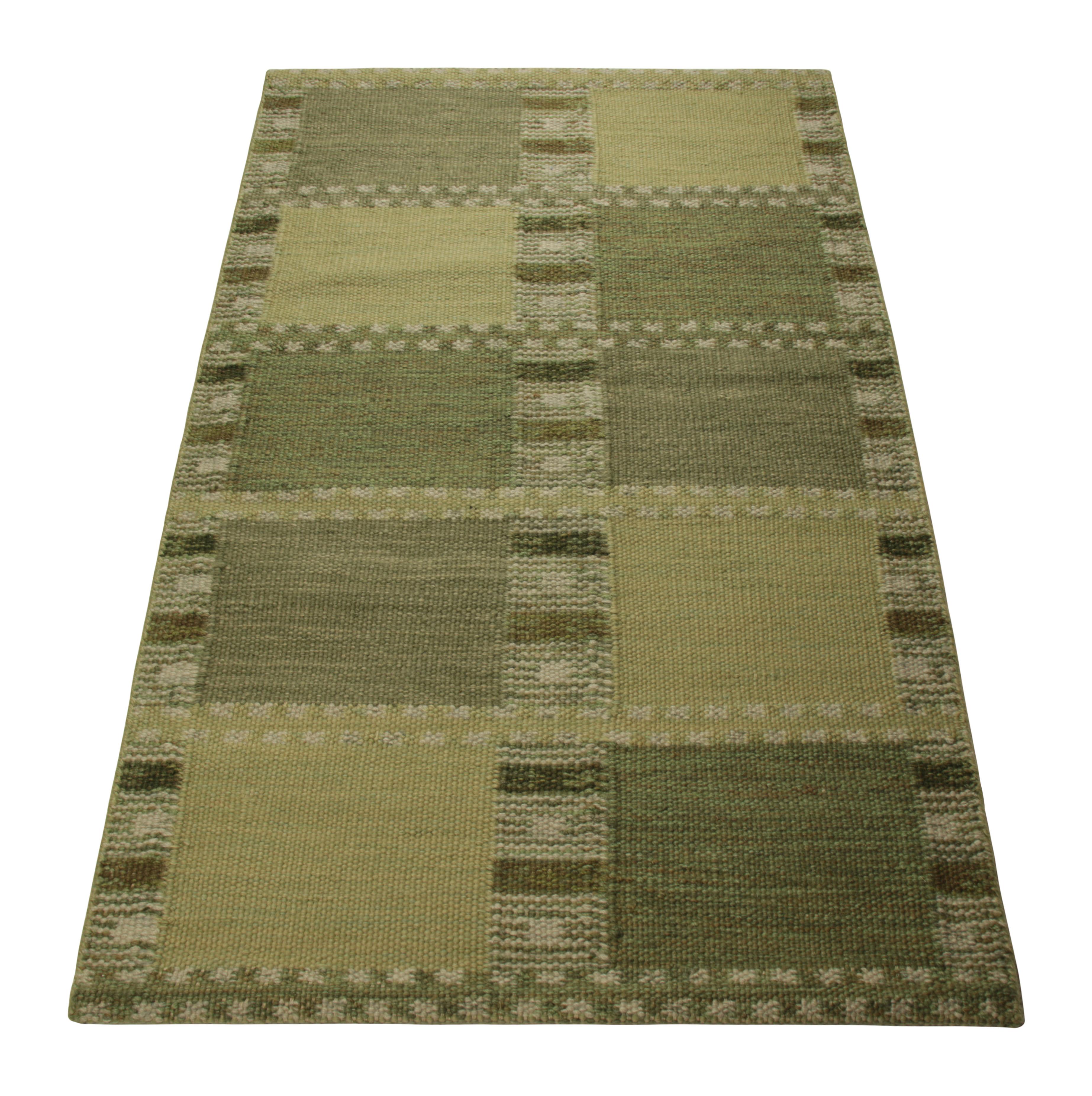 Hand-Woven Rug & Kilim’s Scandinavian Style Rug in Green, with Geometric Patterns For Sale