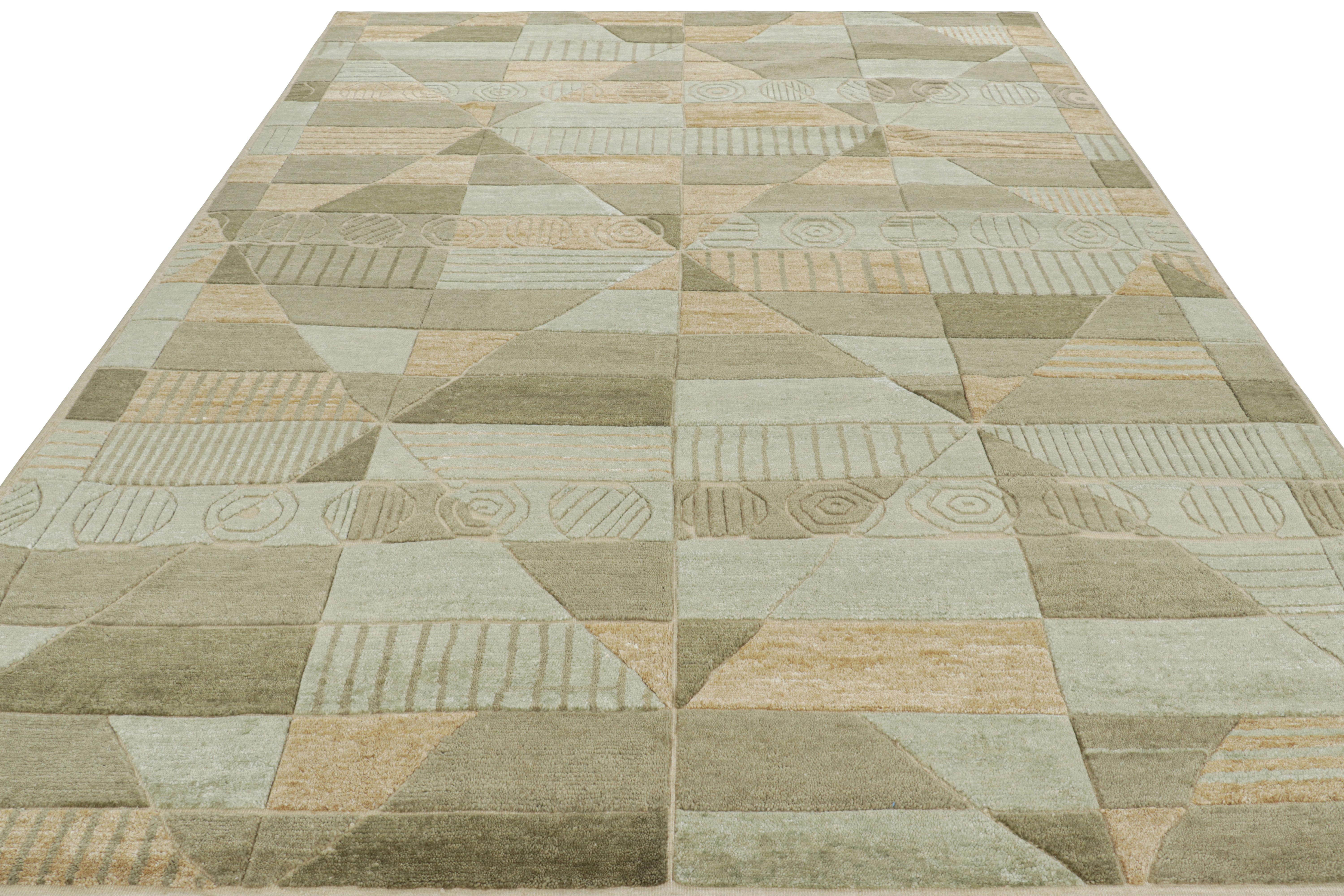 Indien Rug & Kilim's Scandinavian Style Rug in Green with High-Low Geometric Patterns (tapis de style scandinave en vert avec des motifs géométriques en hauteur) en vente