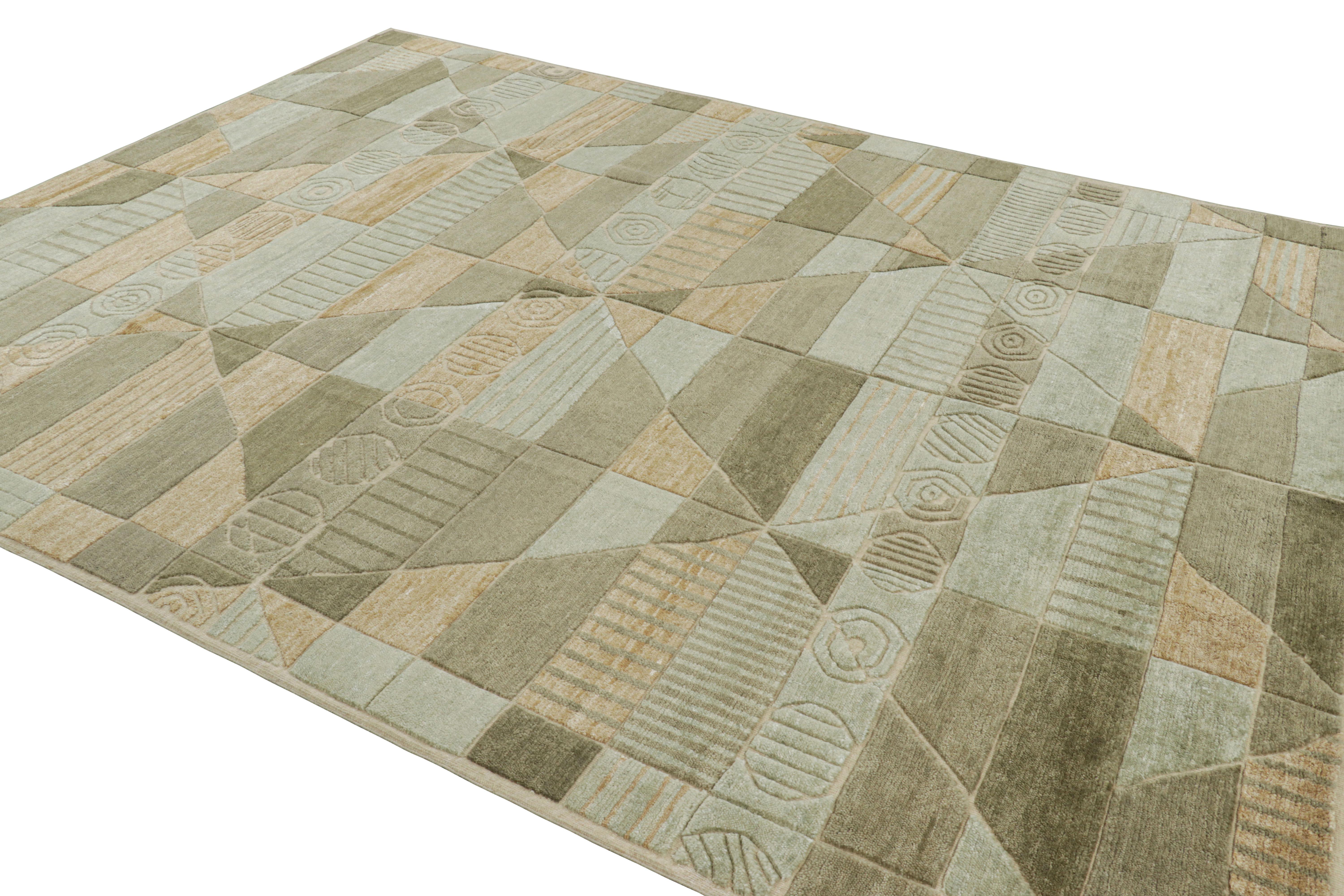 Noué à la main Rug & Kilim's Scandinavian Style Rug in Green with High-Low Geometric Patterns (tapis de style scandinave en vert avec des motifs géométriques en hauteur) en vente