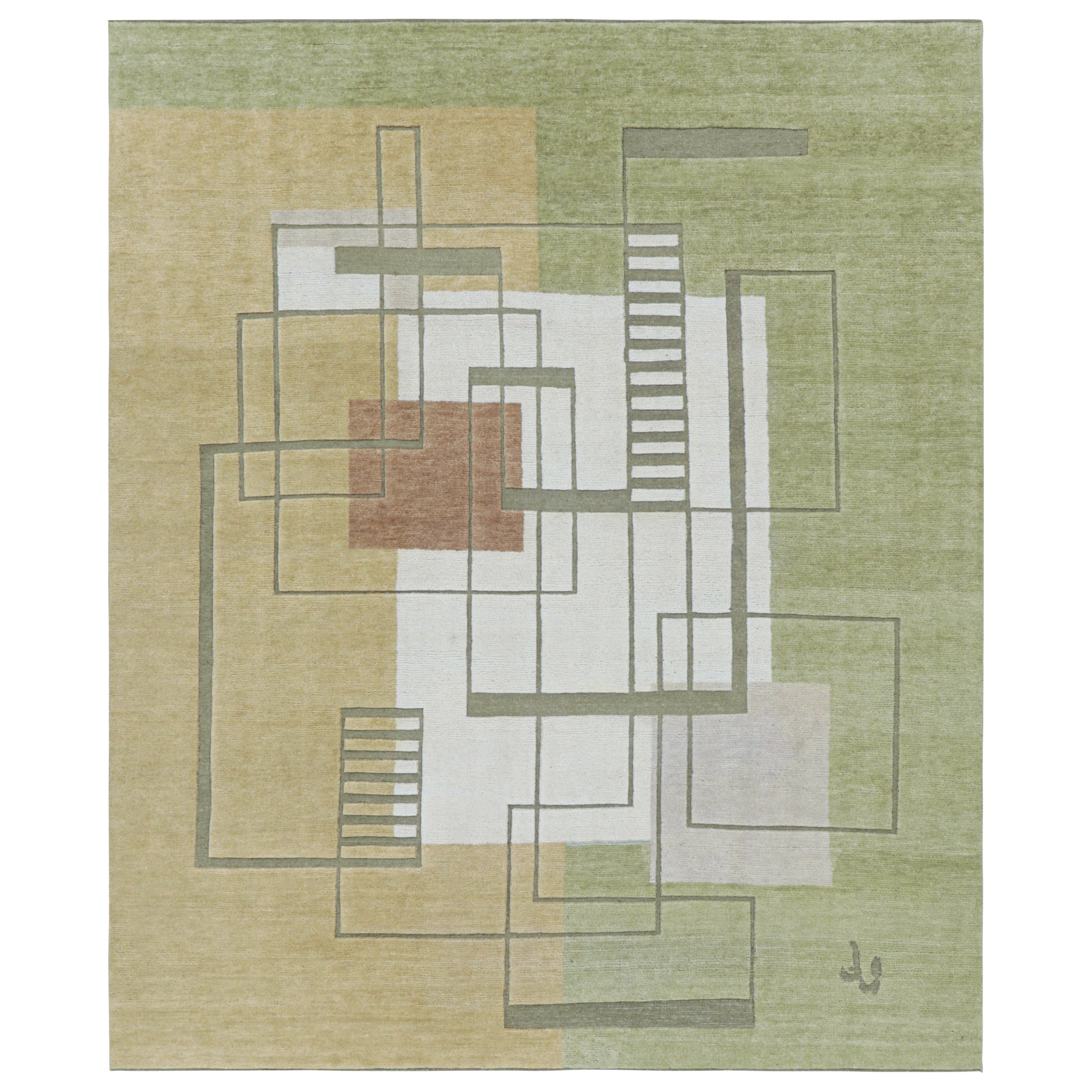 Rug & Kilim’s Scandinavian Style Rug in Green with High-Low Geometric Patterns For Sale