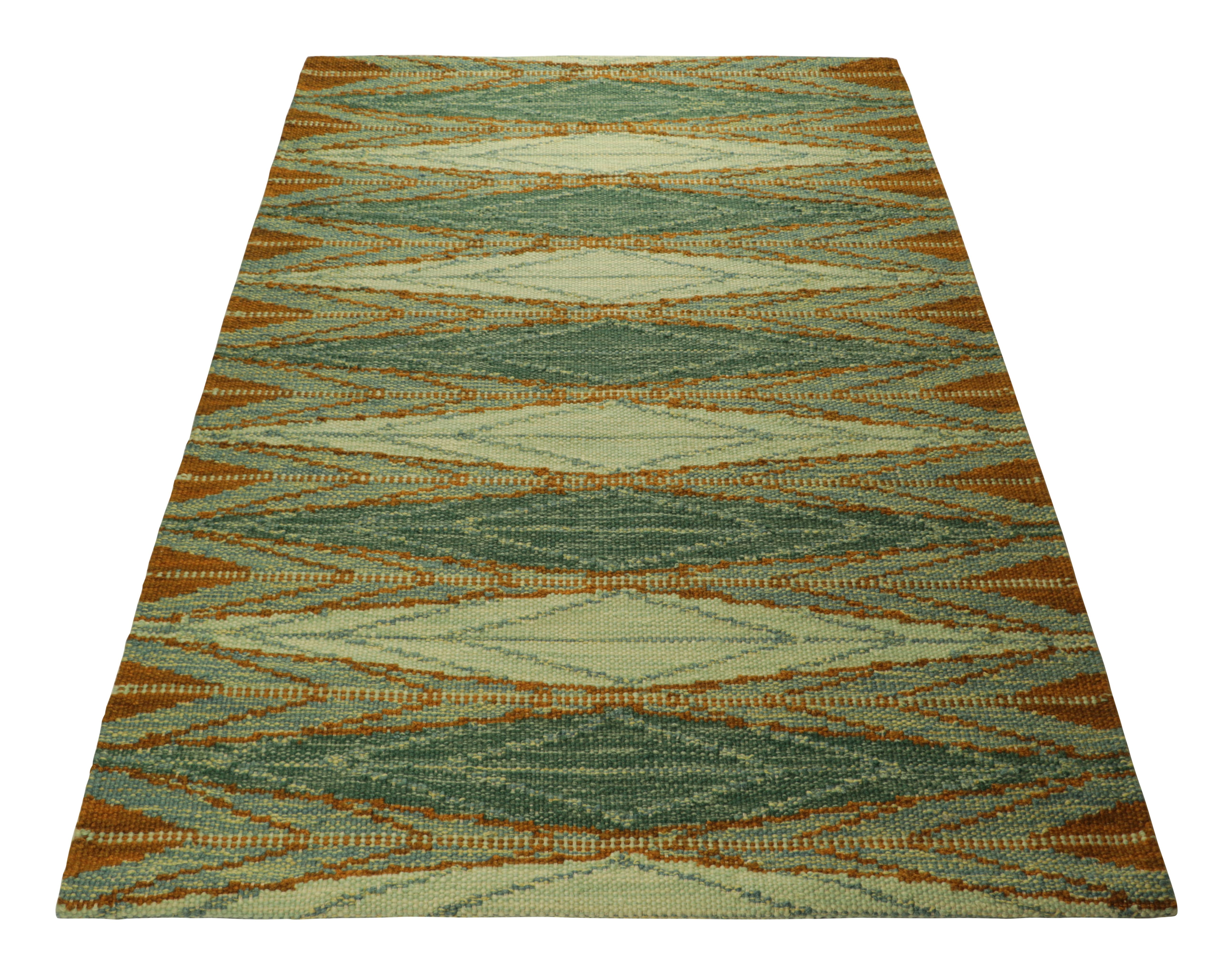 Indian Rug & Kilim’s Scandinavian Style Rug in Green, with Orange Geometric Patterns For Sale