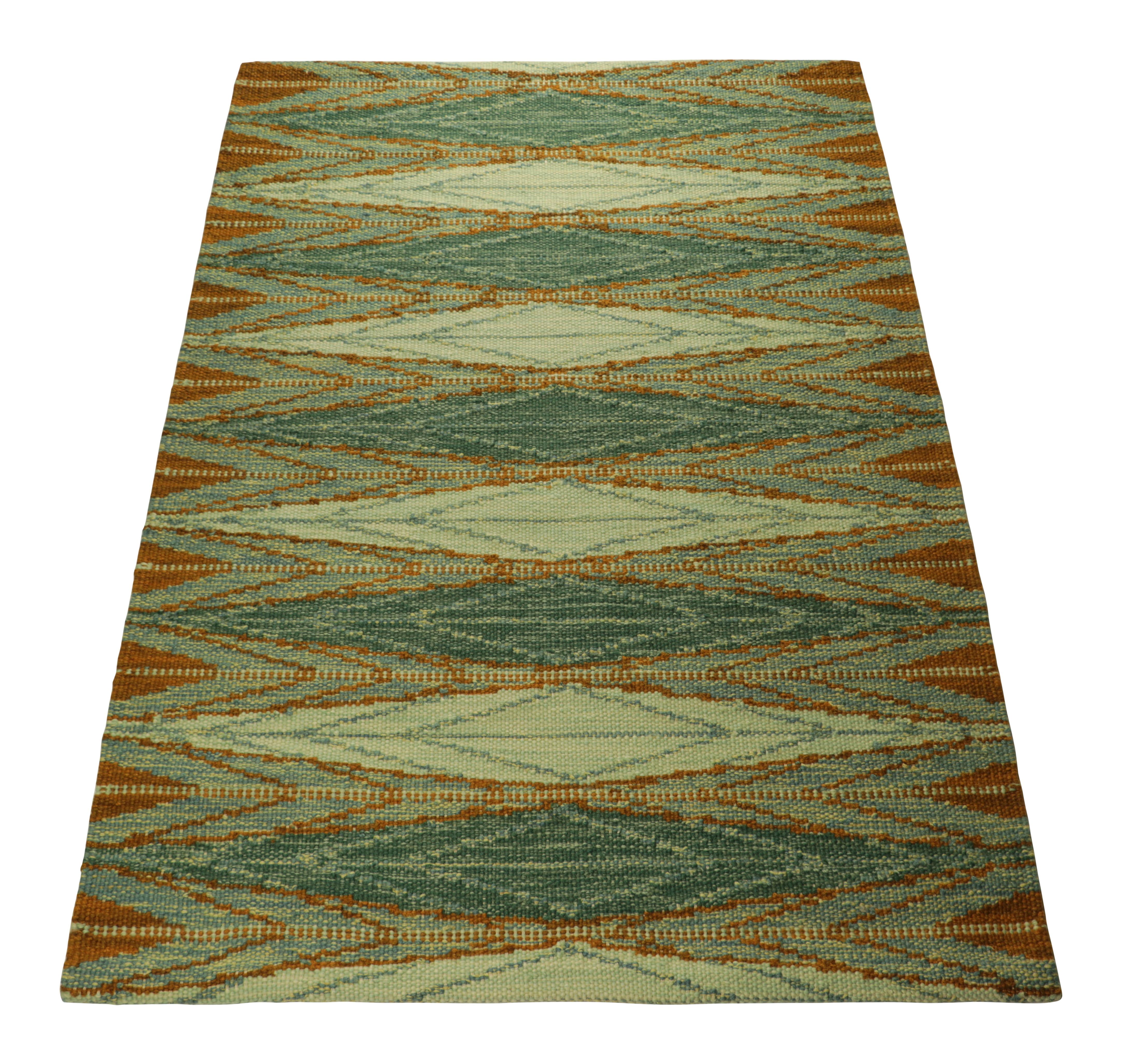 Hand-Woven Rug & Kilim’s Scandinavian Style Rug in Green, with Orange Geometric Patterns For Sale