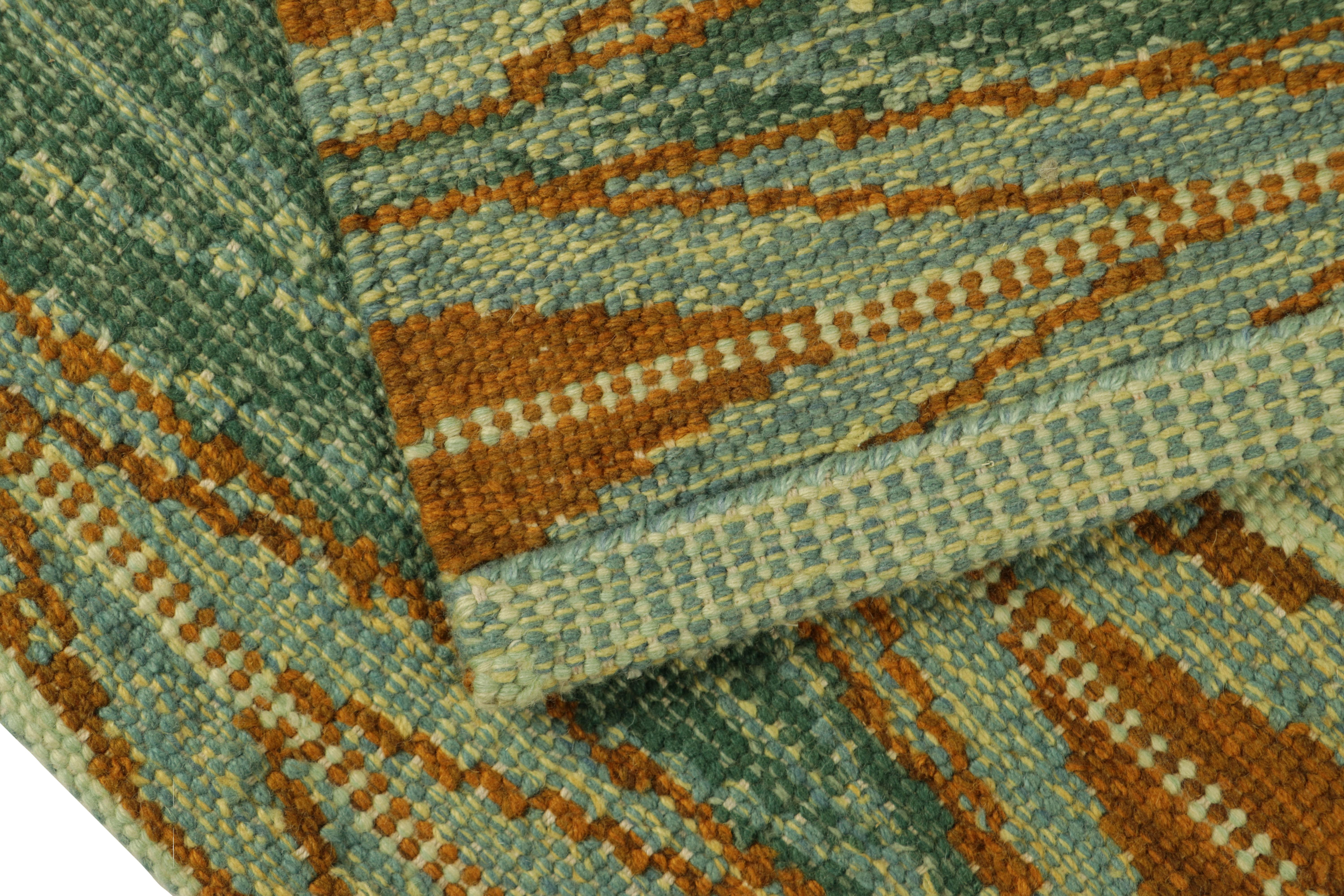Contemporary Rug & Kilim’s Scandinavian Style Rug in Green, with Orange Geometric Patterns For Sale