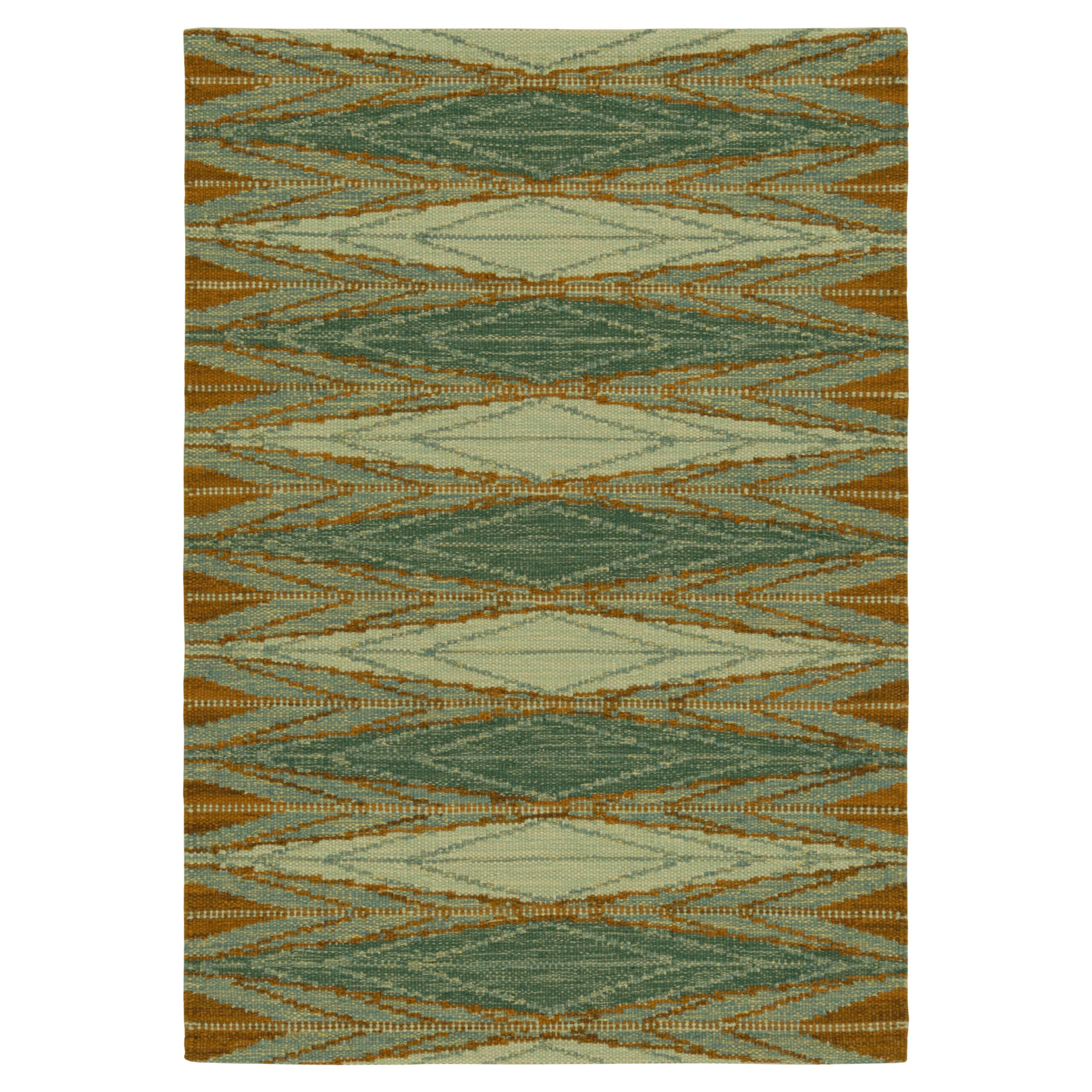 Rug & Kilim’s Scandinavian Style Rug in Green, with Orange Geometric Patterns For Sale