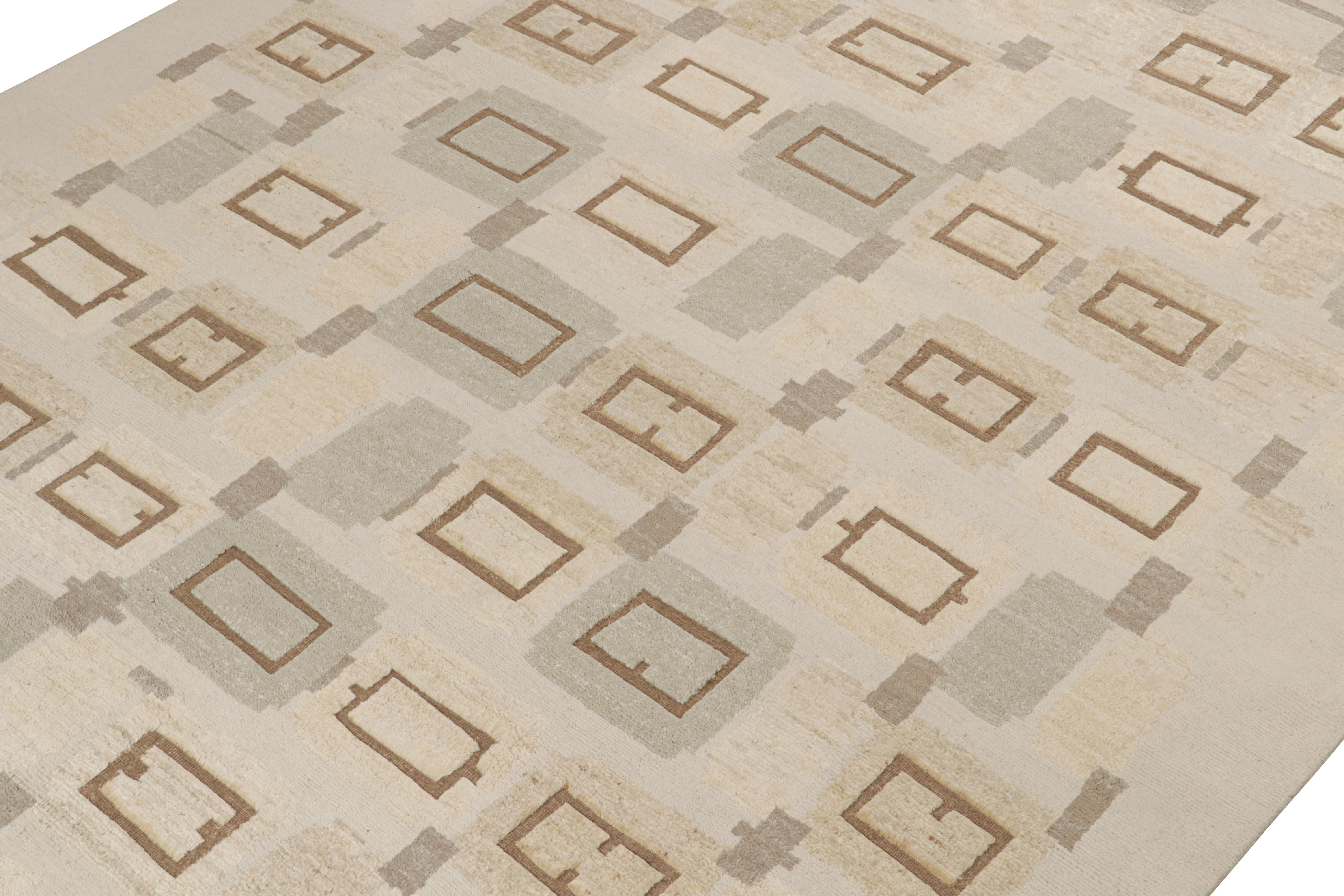 A smart 9x12 Swedish style rug from our award-winning Scandinavian collection. Hand-knotted in wool. 

On the Design: 

This rug enjoys a subtle high-low texture married to geometric patterns in brown, cream and greige. This proprietary