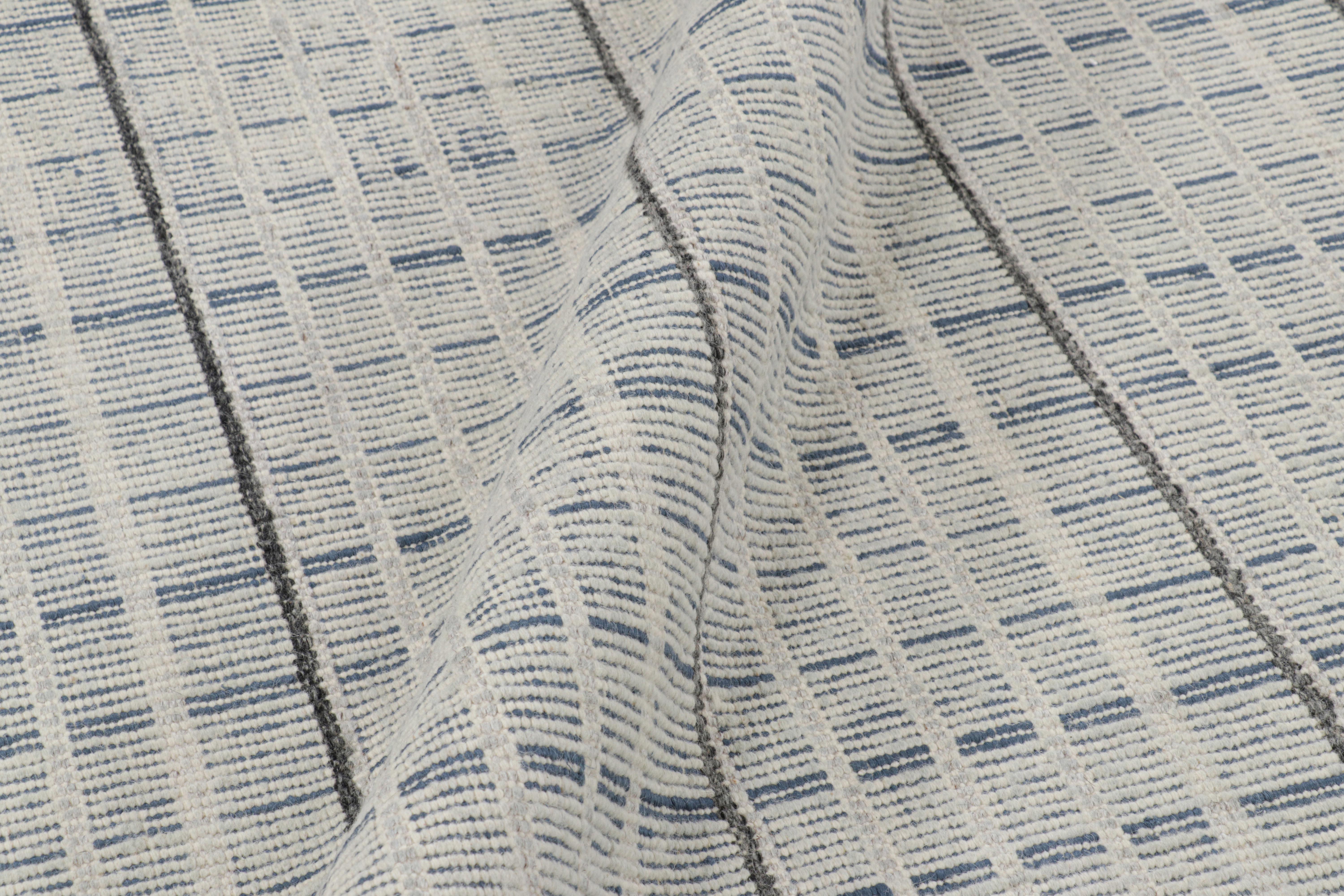 Modern Rug & Kilim’s Scandinavian Style Rug in Light Gray & Blue with Geometric Stripes For Sale