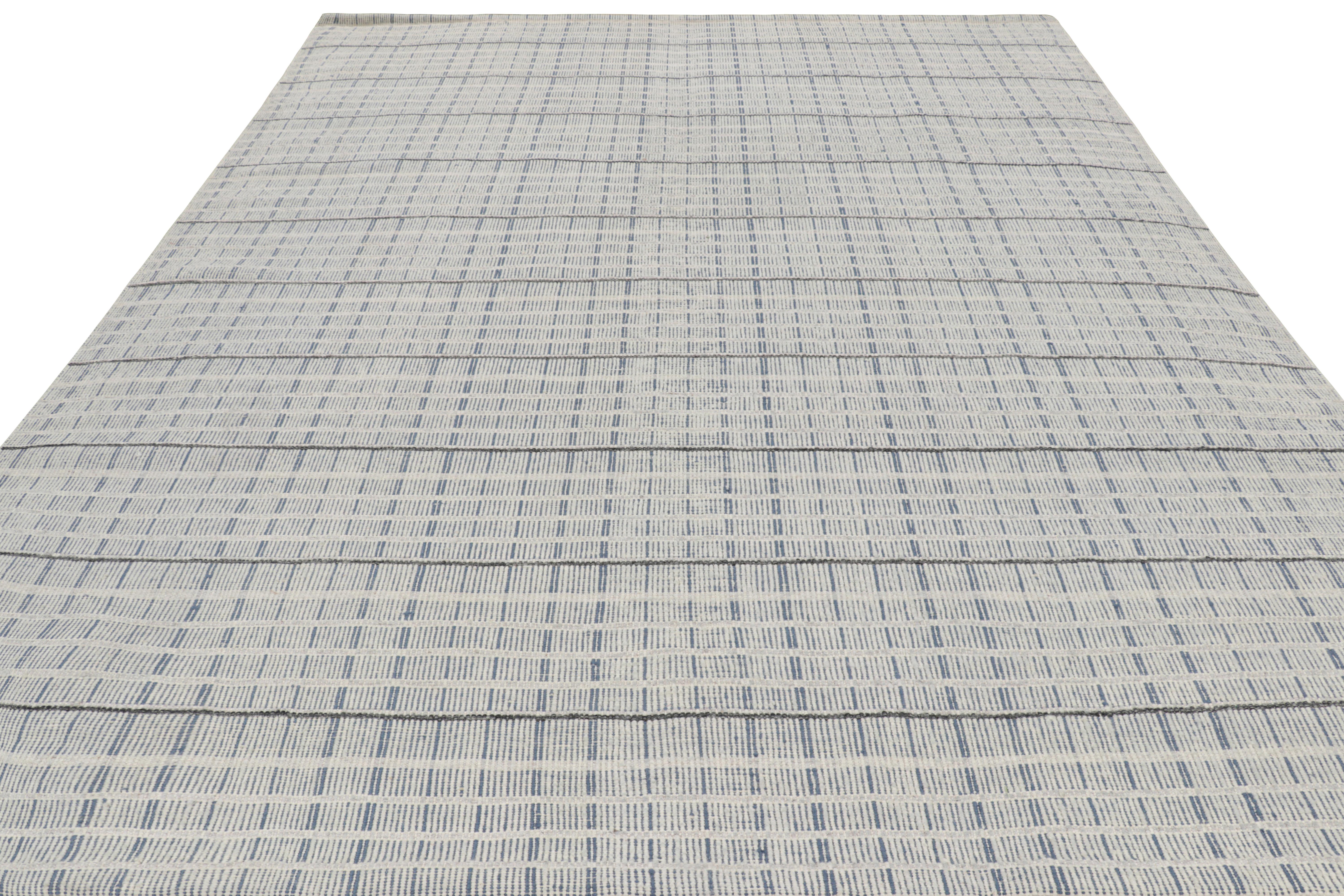 Hand-Woven Rug & Kilim’s Scandinavian Style Rug in Light Gray & Blue with Geometric Stripes For Sale