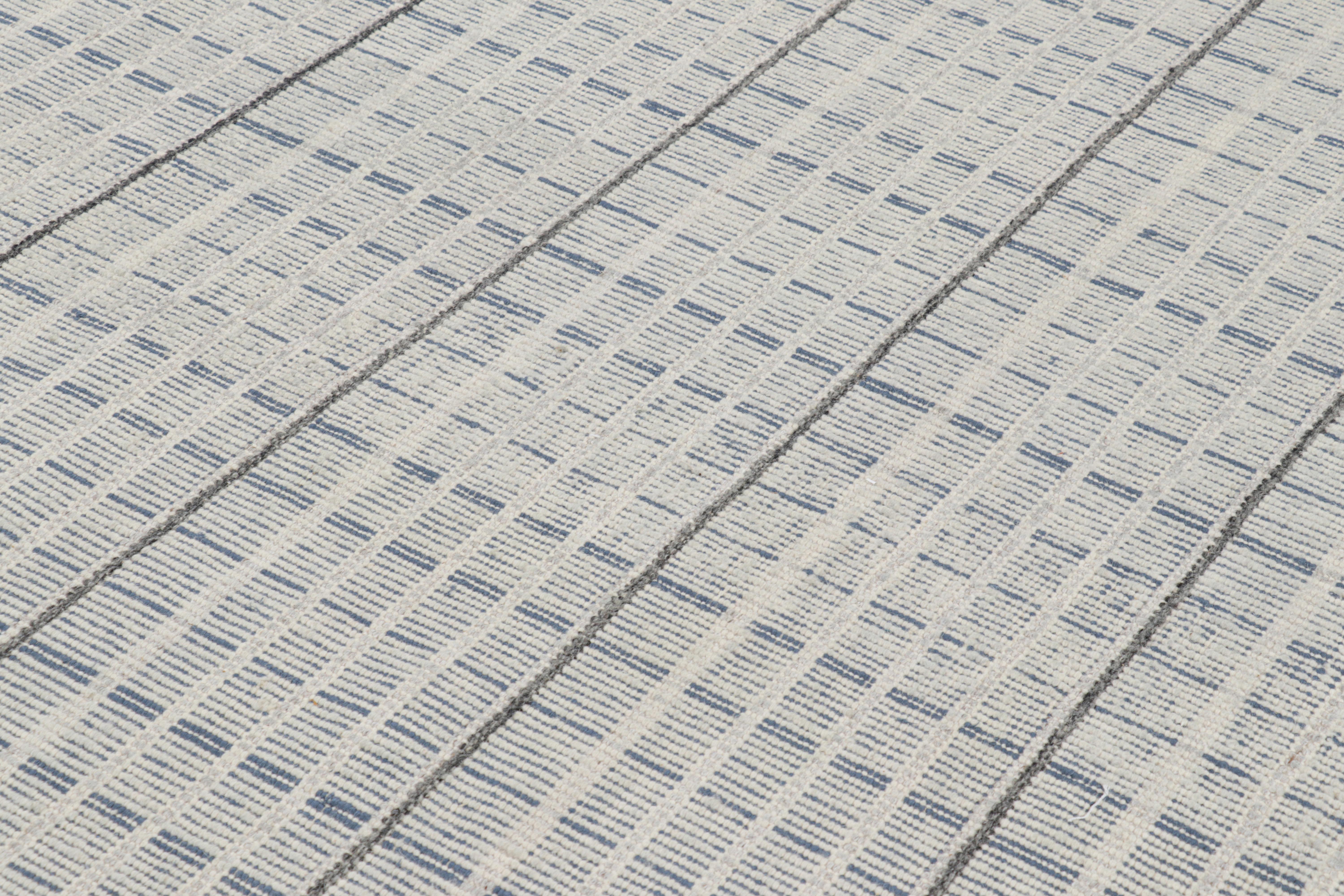 Wool Rug & Kilim’s Scandinavian Style Rug in Light Gray & Blue with Geometric Stripes For Sale