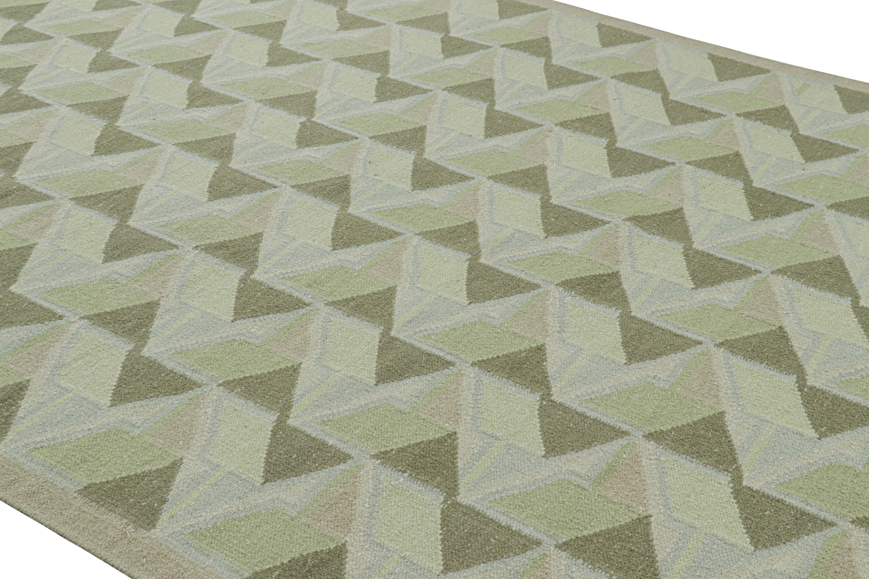 Questo tappeto contemporaneo 9x13 è un'entusiasmante novità della collezione di tappeti scandinavi Rug & Kilim, tessuti a mano con una nuova struttura a trama piatta che utilizza una miscela di lana e filati esotici, con una nuova texture morbida