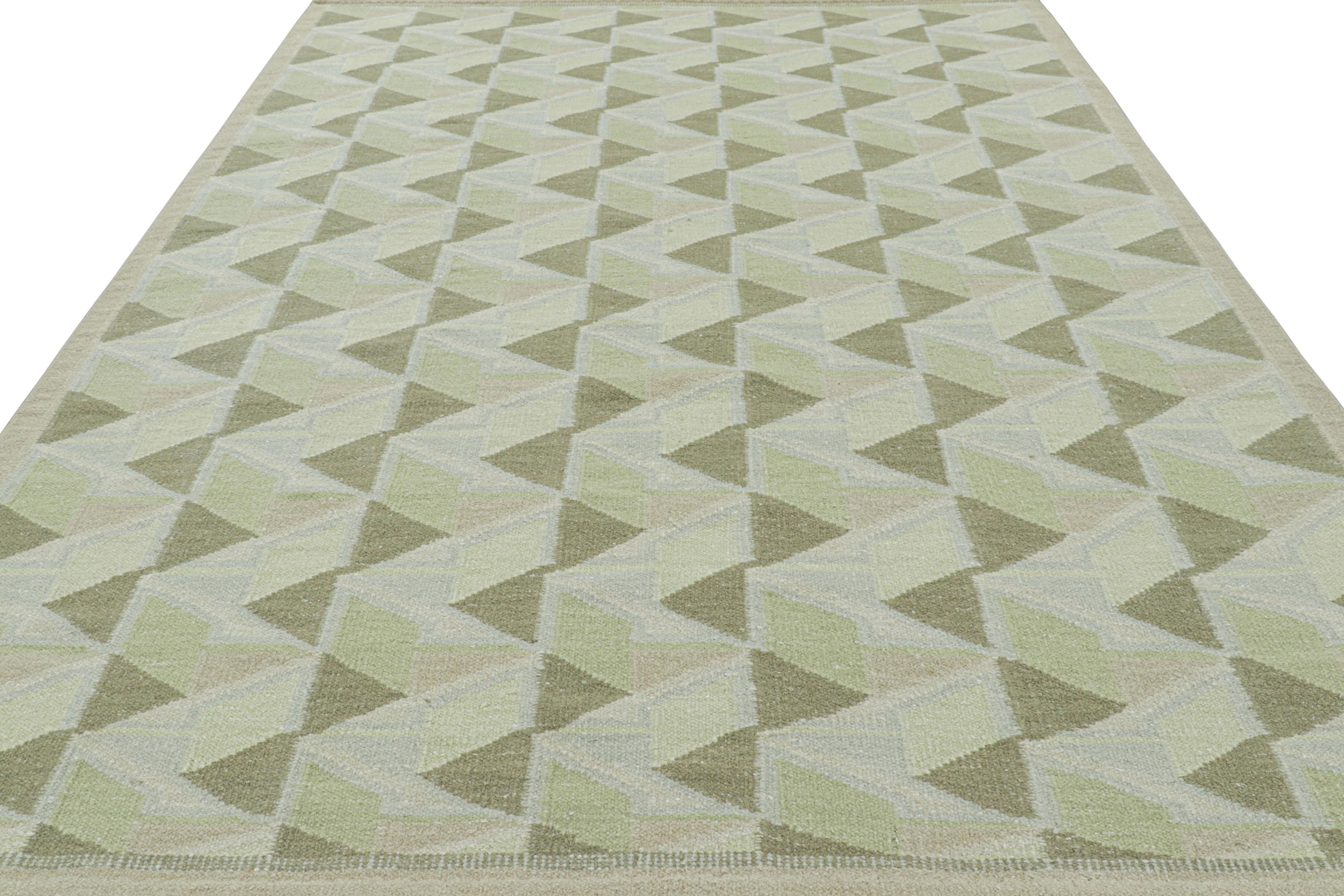 Indien Rug & Kilim's Scandinavian Style Rug in Light Green with Geometric Patterns (tapis de style scandinave en vert clair avec des motifs géométriques) en vente