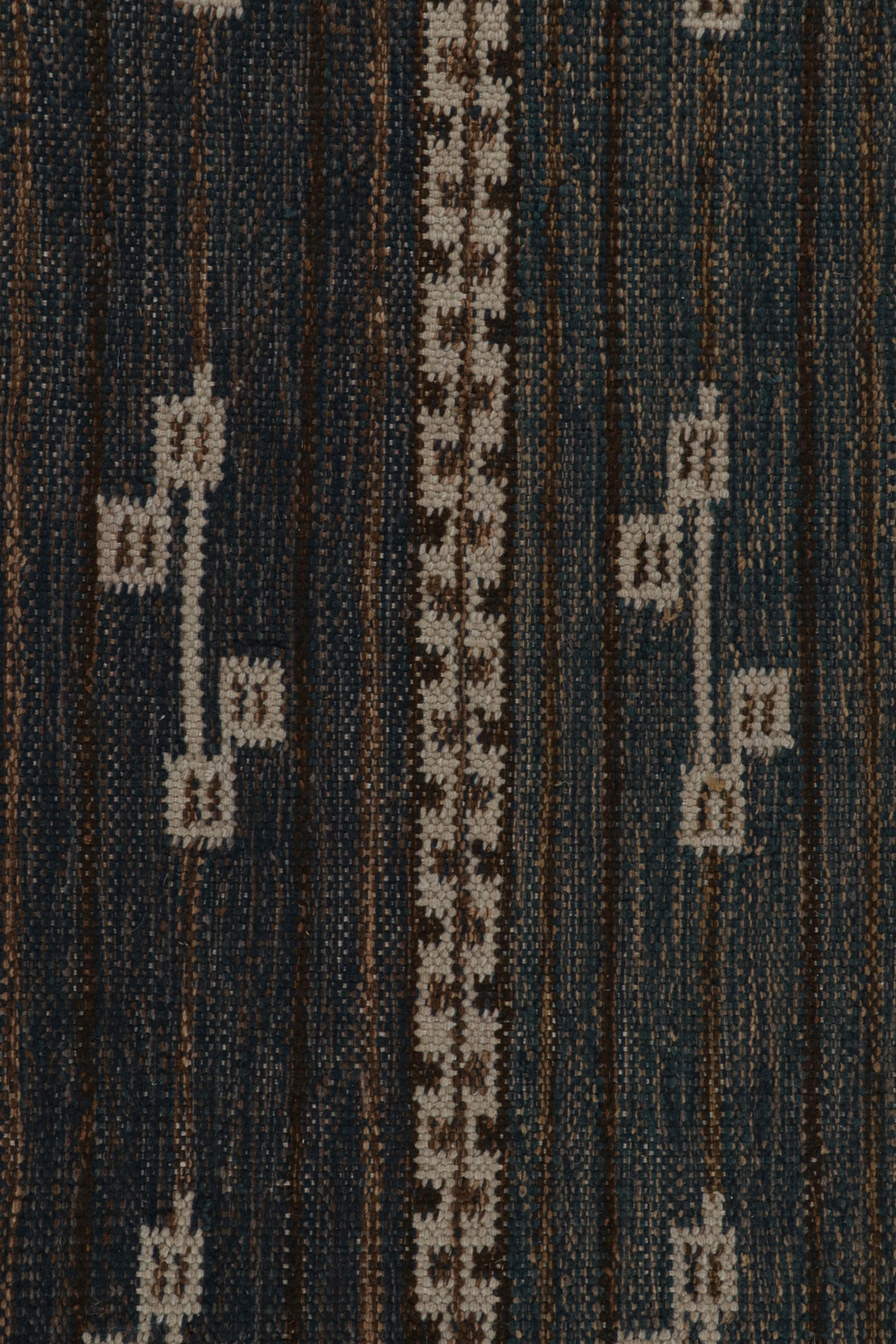 Modern Rug & Kilim’s Scandinavian Style Rug in Navy Blue with Brown Geometric Patterns For Sale