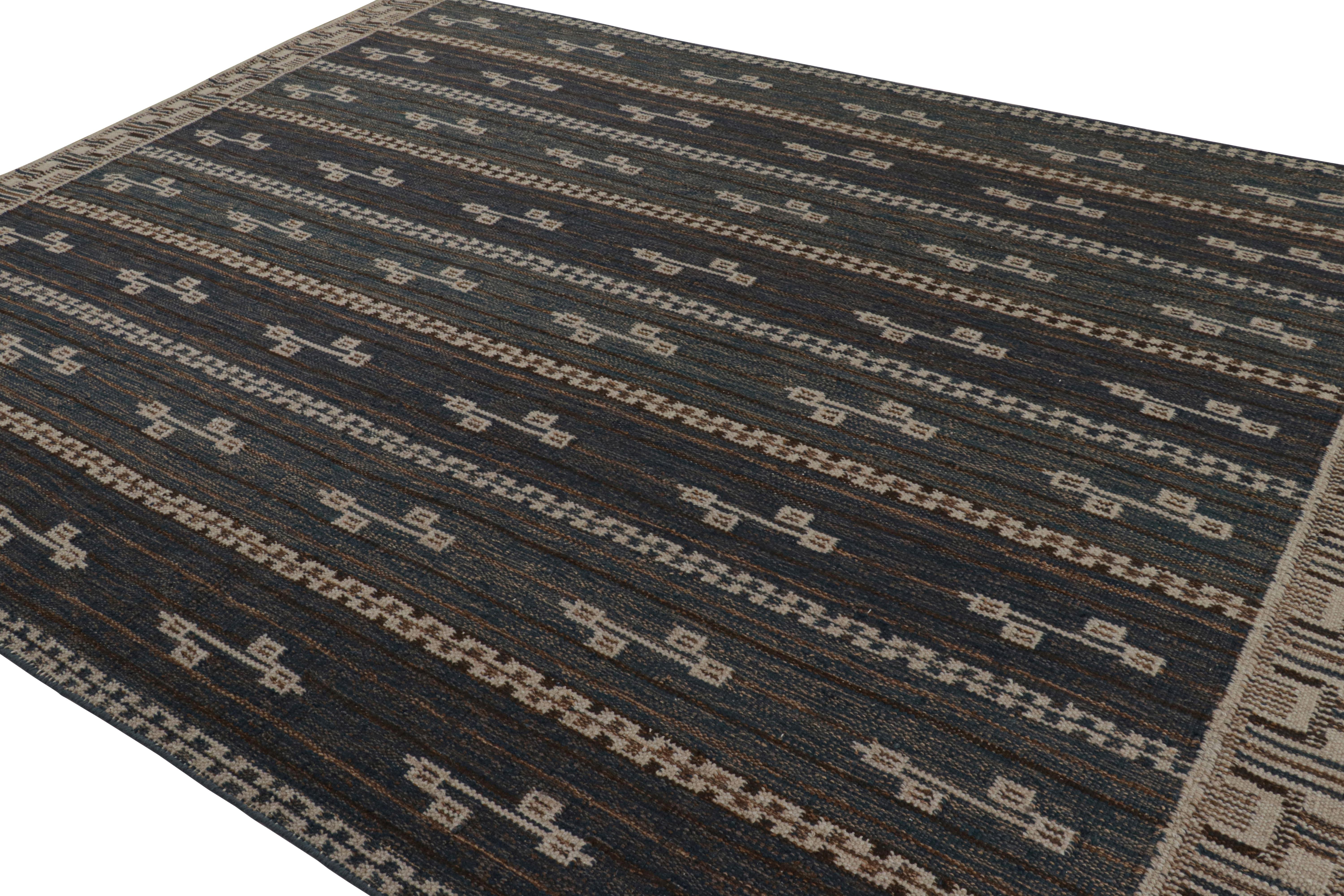 Indian Rug & Kilim’s Scandinavian Style Rug in Navy Blue with Brown Geometric Patterns For Sale