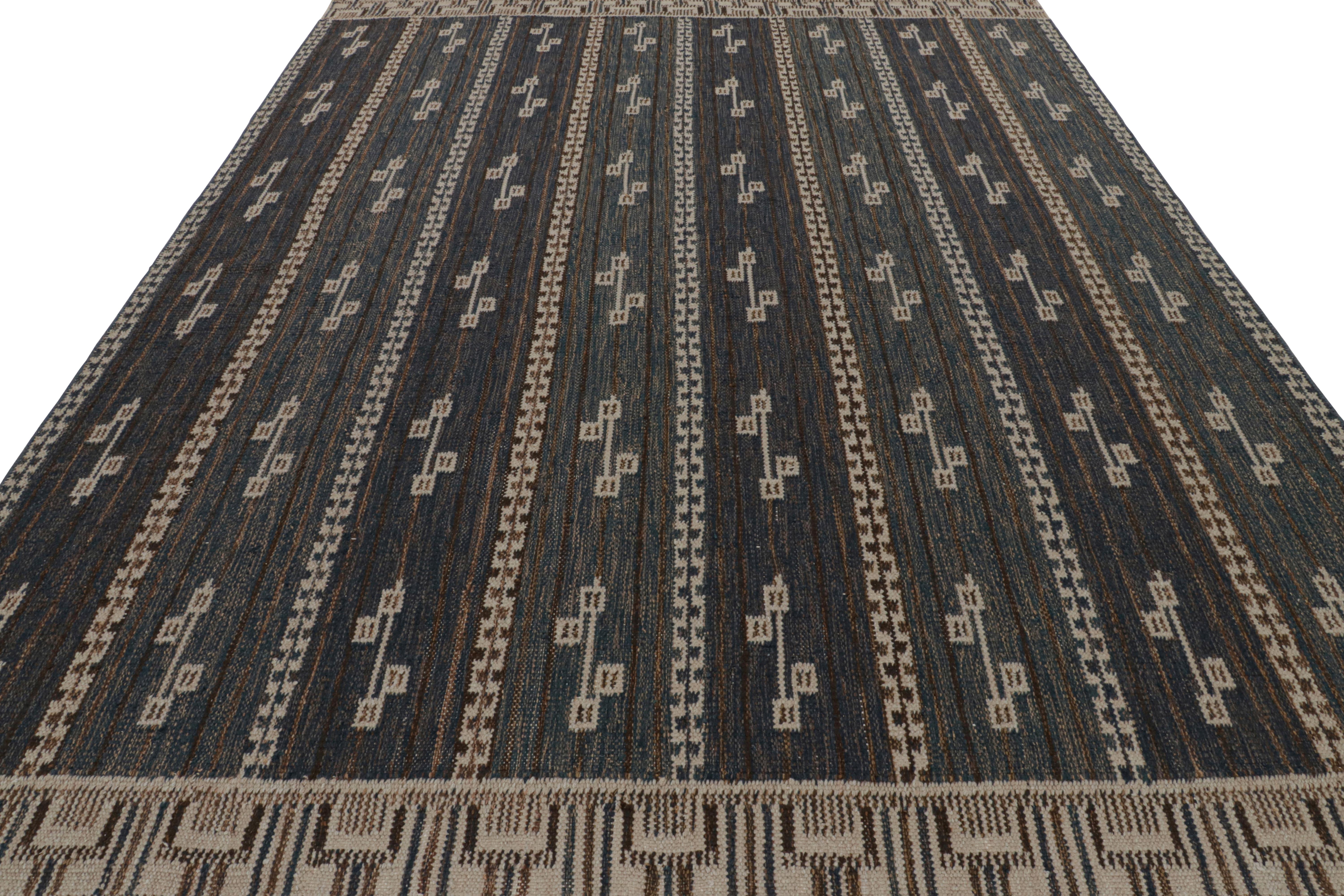 Hand-Woven Rug & Kilim’s Scandinavian Style Rug in Navy Blue with Brown Geometric Patterns For Sale