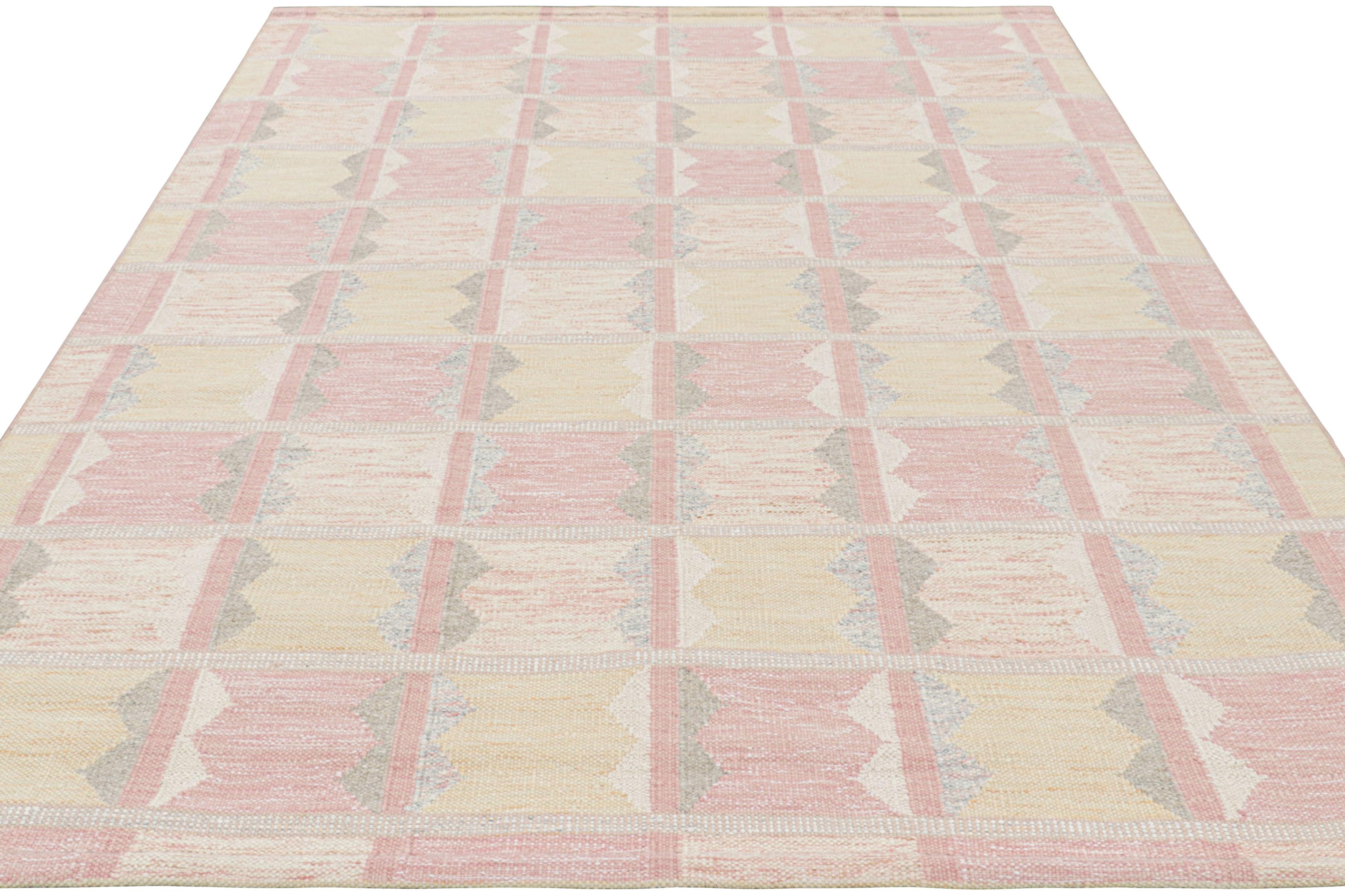Indian Rug & Kilim’s Scandinavian Style Rug in Pink with Geometric Patterns For Sale