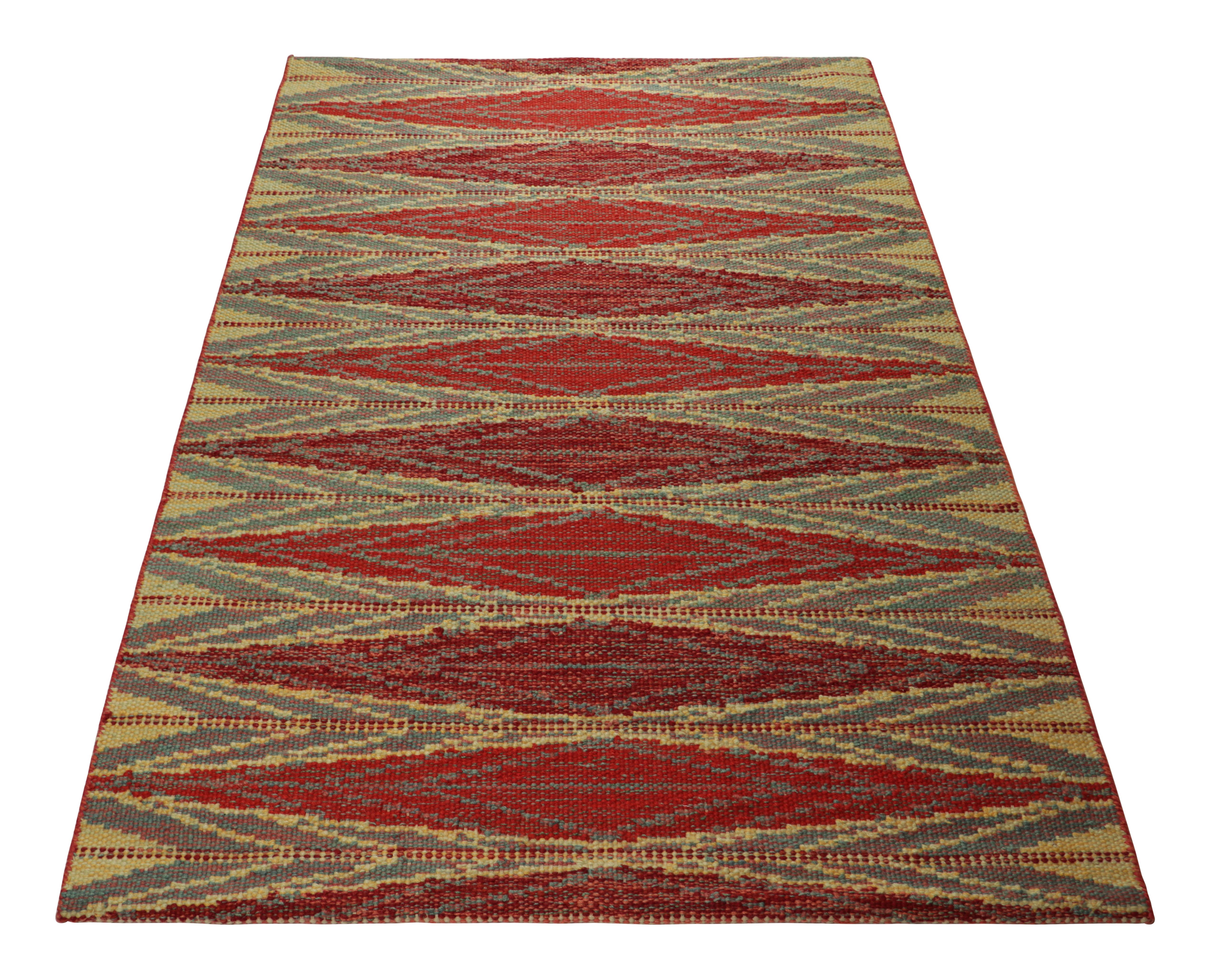 Indian Rug & Kilim’s Scandinavian Style Rug in Red and Blue with Gold Geometric Pattern For Sale