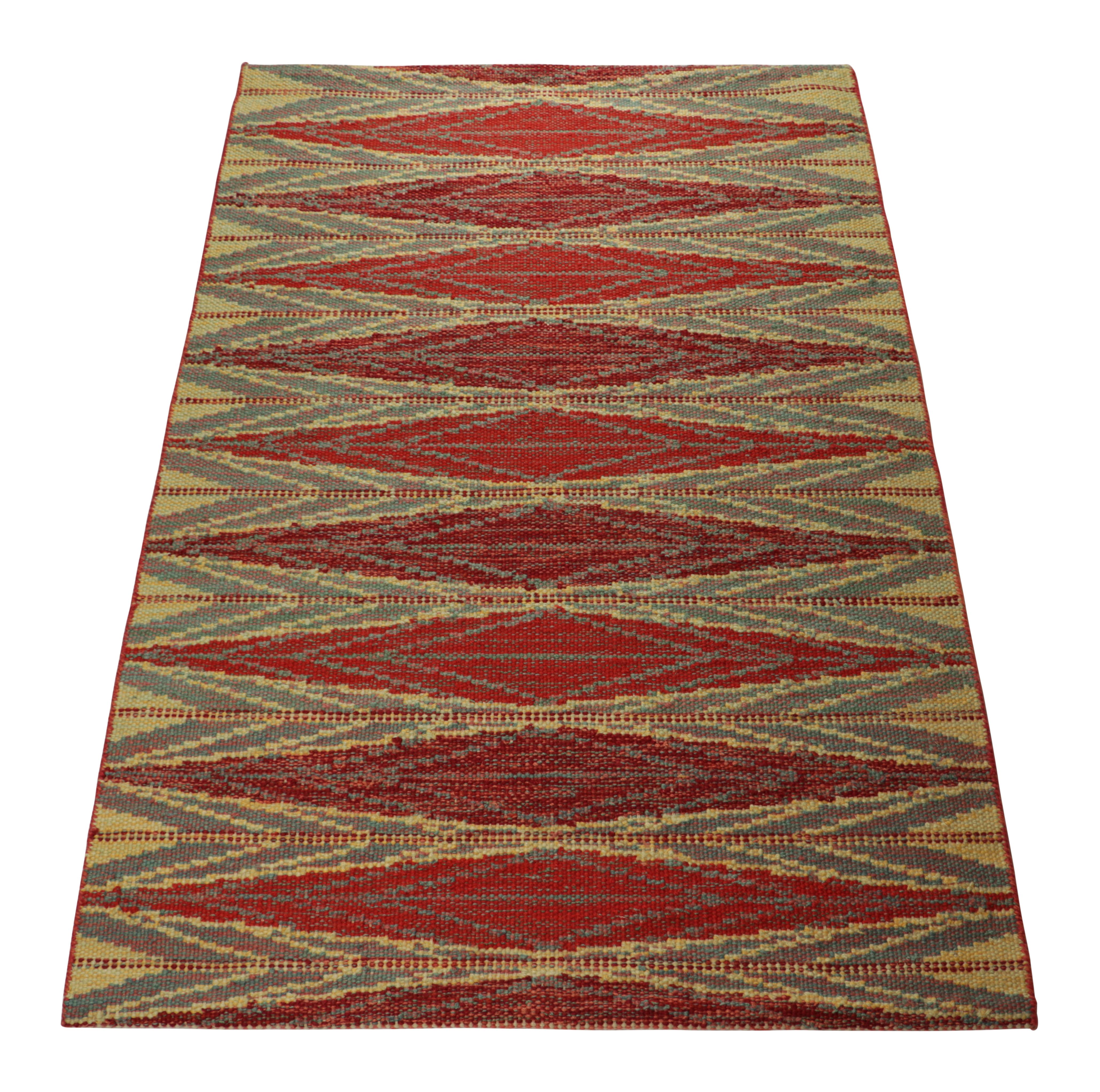 Hand-Woven Rug & Kilim’s Scandinavian Style Rug in Red and Blue with Gold Geometric Pattern For Sale