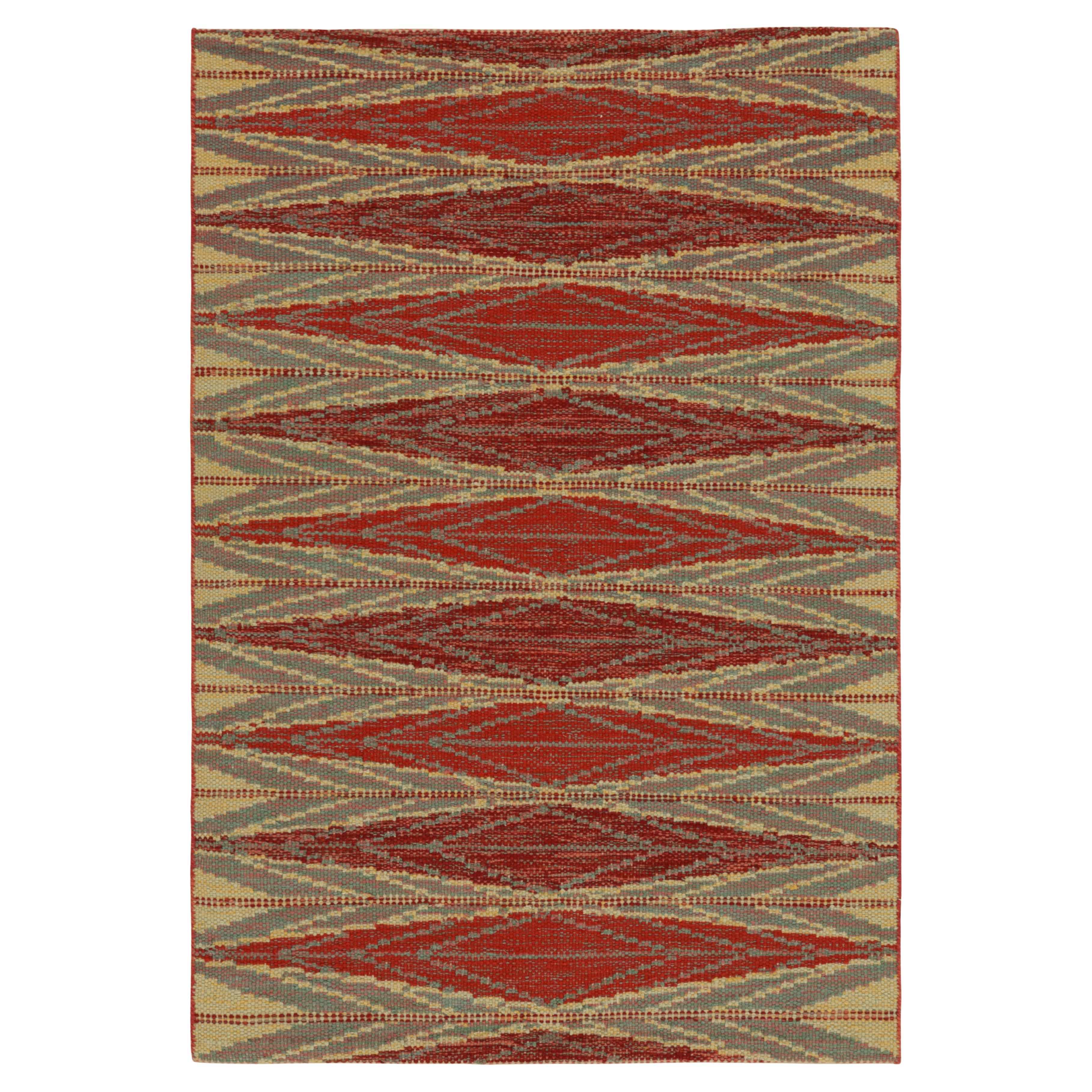 Rug & Kilim’s Scandinavian Style Rug in Red and Blue with Gold Geometric Pattern For Sale