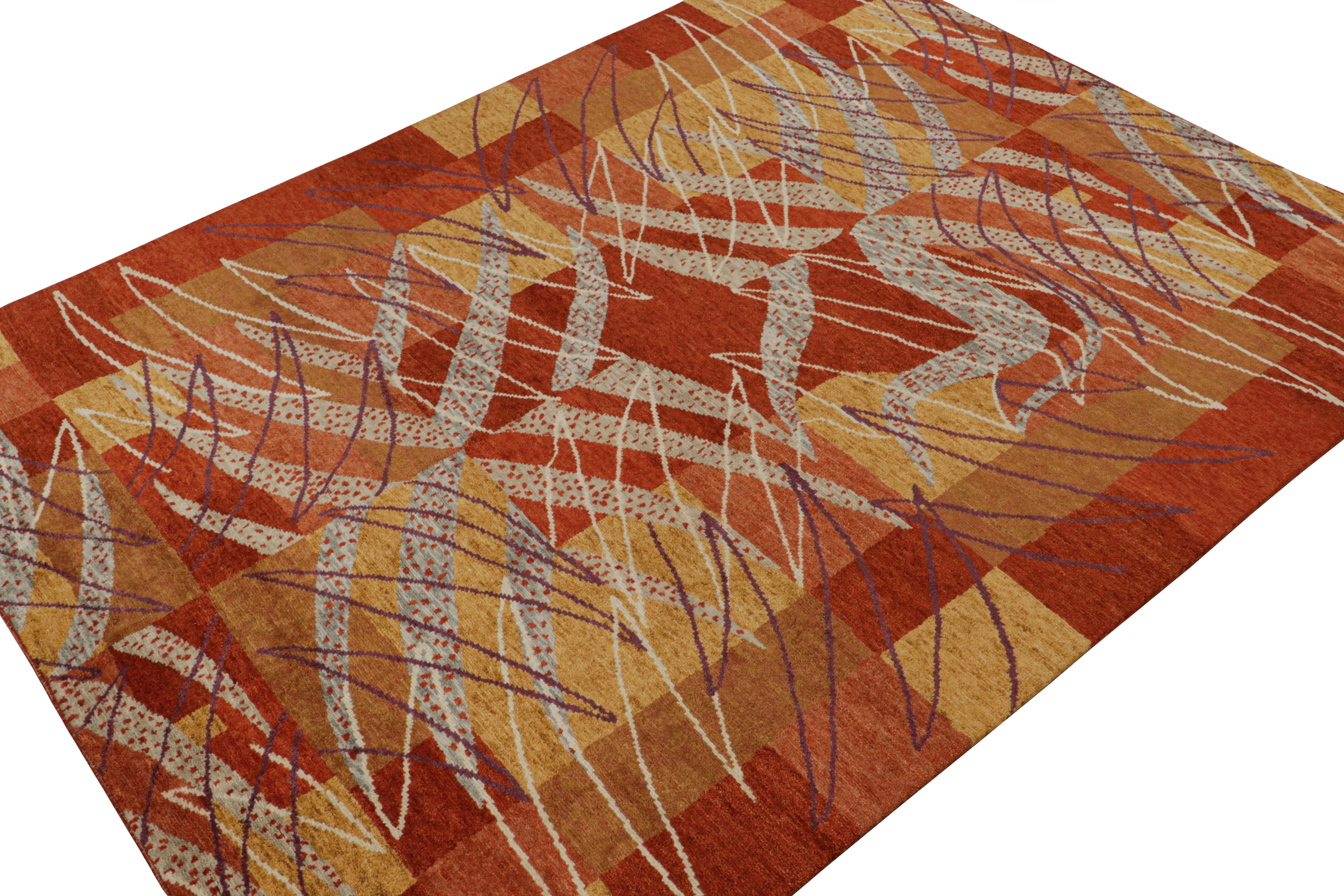 Hand-knotted in wool, this 9×12 rug is from the modern Scandinavian rug collection by Rug & Kilim.

On the Design:

This design enjoys red with gold and gray geometric patterns inspired by the Swedish Deco style of Rollakan and Rya pile rugs. Keen