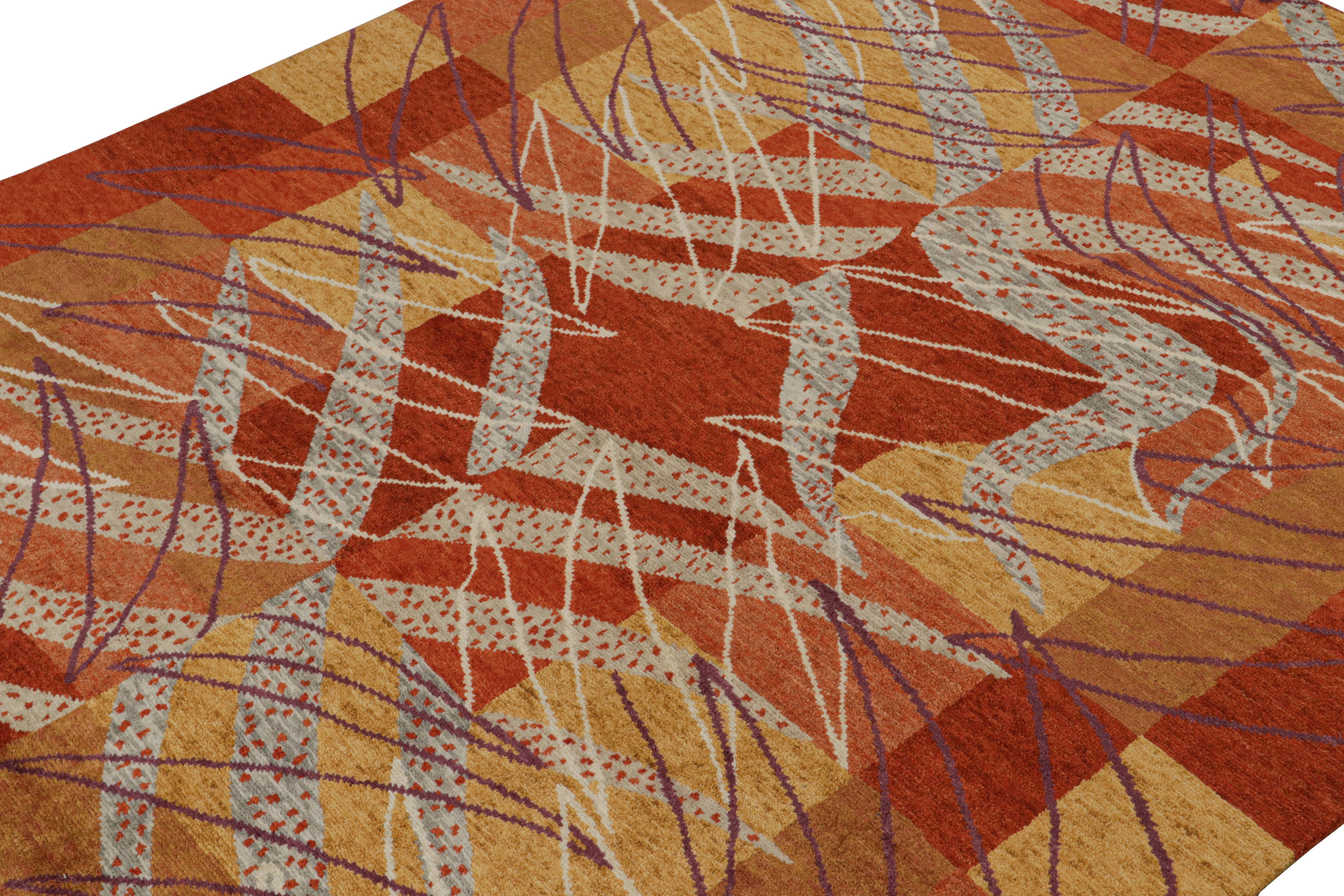 Indian Rug & Kilim’s Scandinavian Style Rug in Red, Gold and Gray Geometric Patterns For Sale