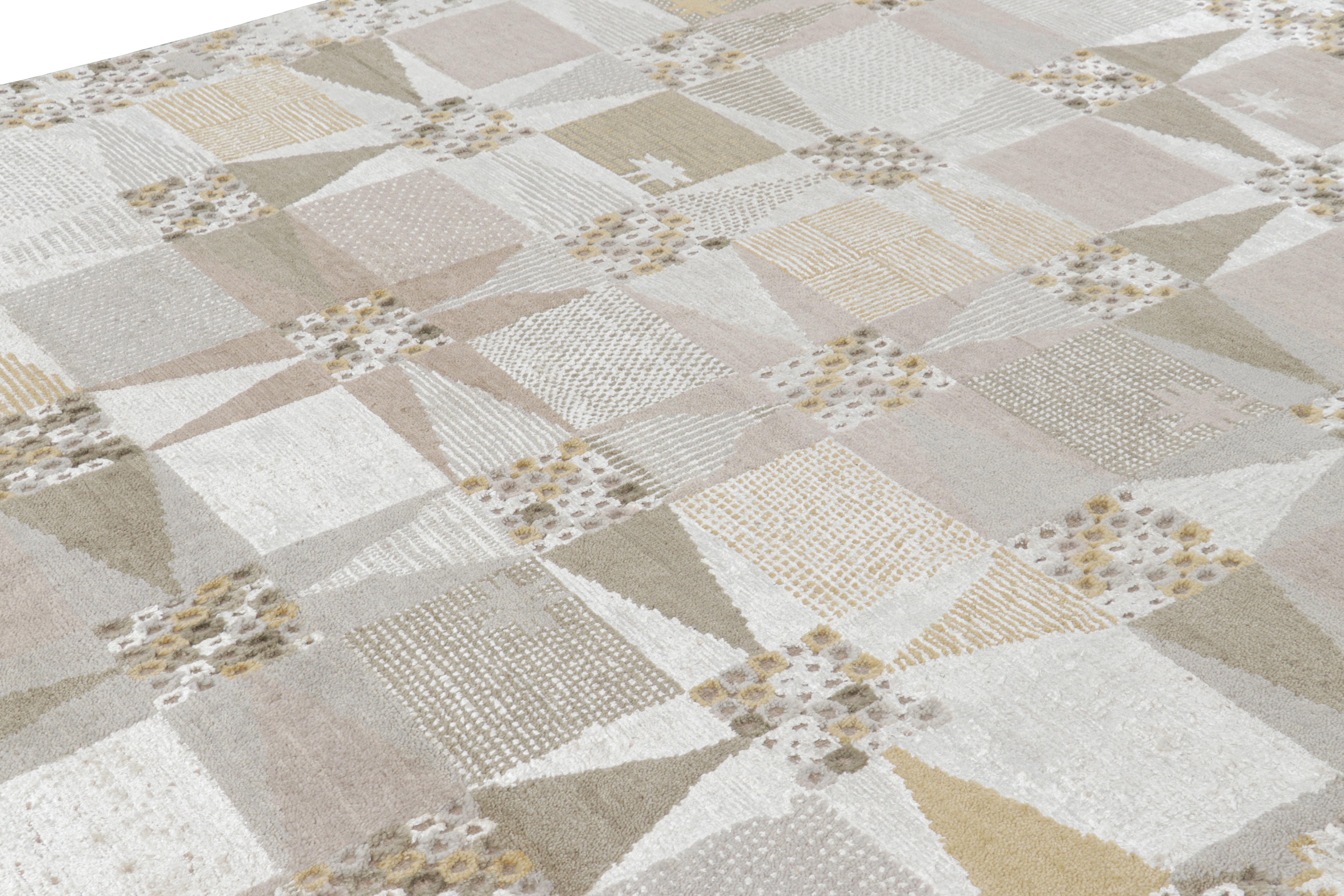 Realizzato con lana e seta annodate a mano, questo tappeto 8x10 è un'entusiasmante novità della collezione di tappeti scandinavi di Rug & Kilim: una rivisitazione contemporanea del minimalismo svedese e dei tappeti e tessuti vintage delle tradizioni