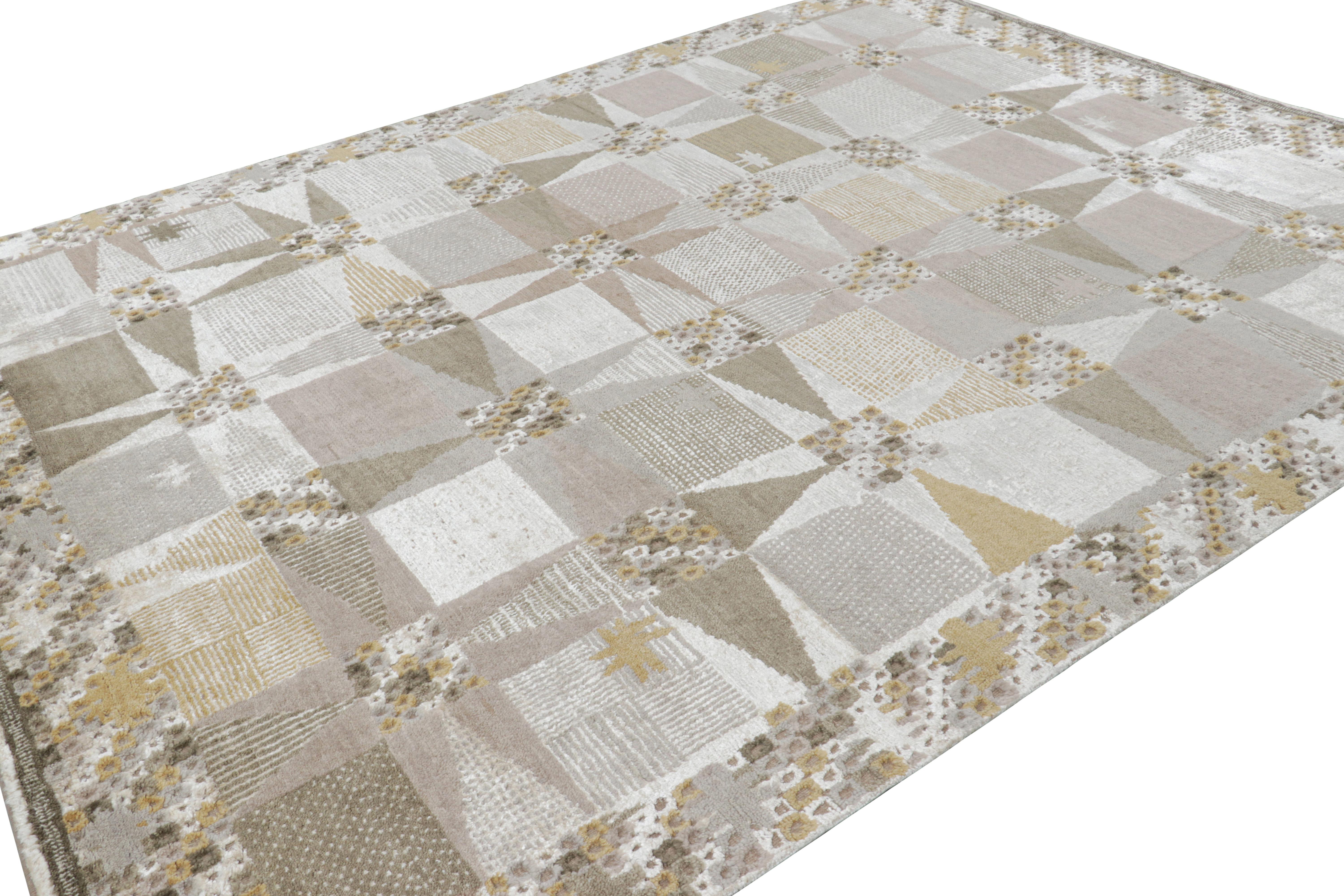 Annodato a mano Rug & Kilim: Tappeto in stile scandinavo con motivo geometrico grigio-argento e beige in vendita