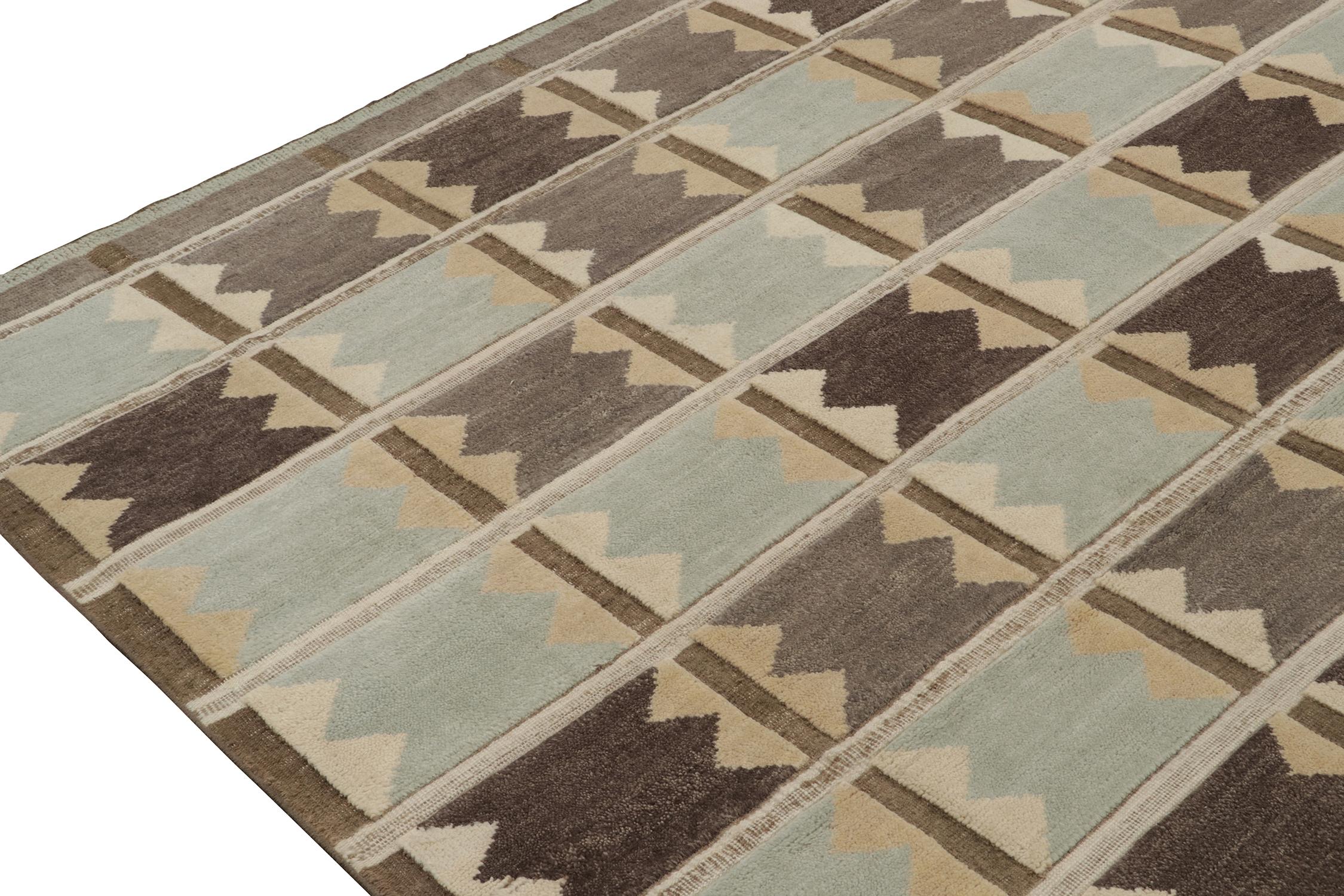 Hand-Knotted Rug & Kilim’s Scandinavian Style Rug in Taupe and Blue Geometric Patterns For Sale