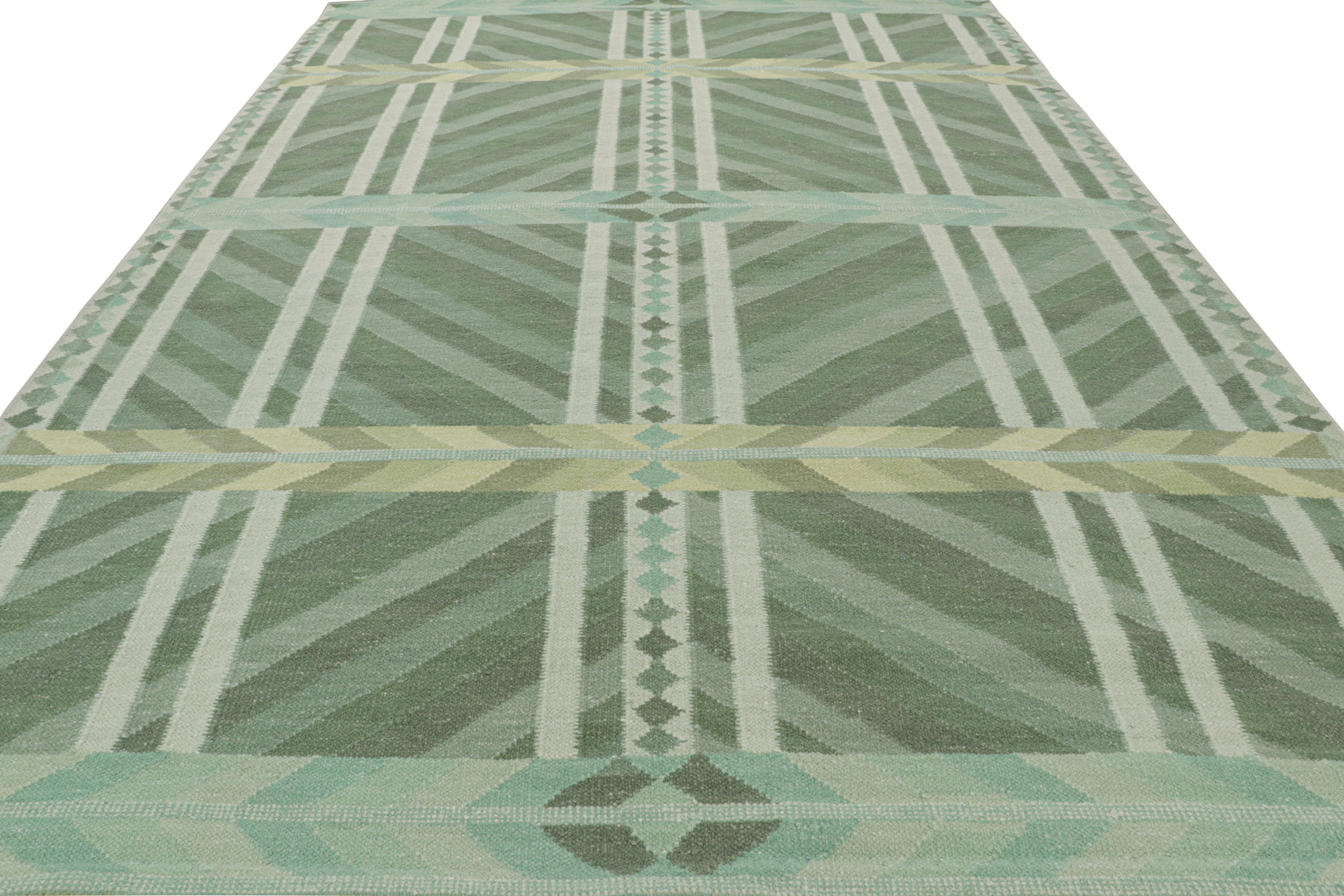 Indien Tapis de style scandinave à motifs géométriques bleu sarcelle et vert de Rug & Kilim en vente
