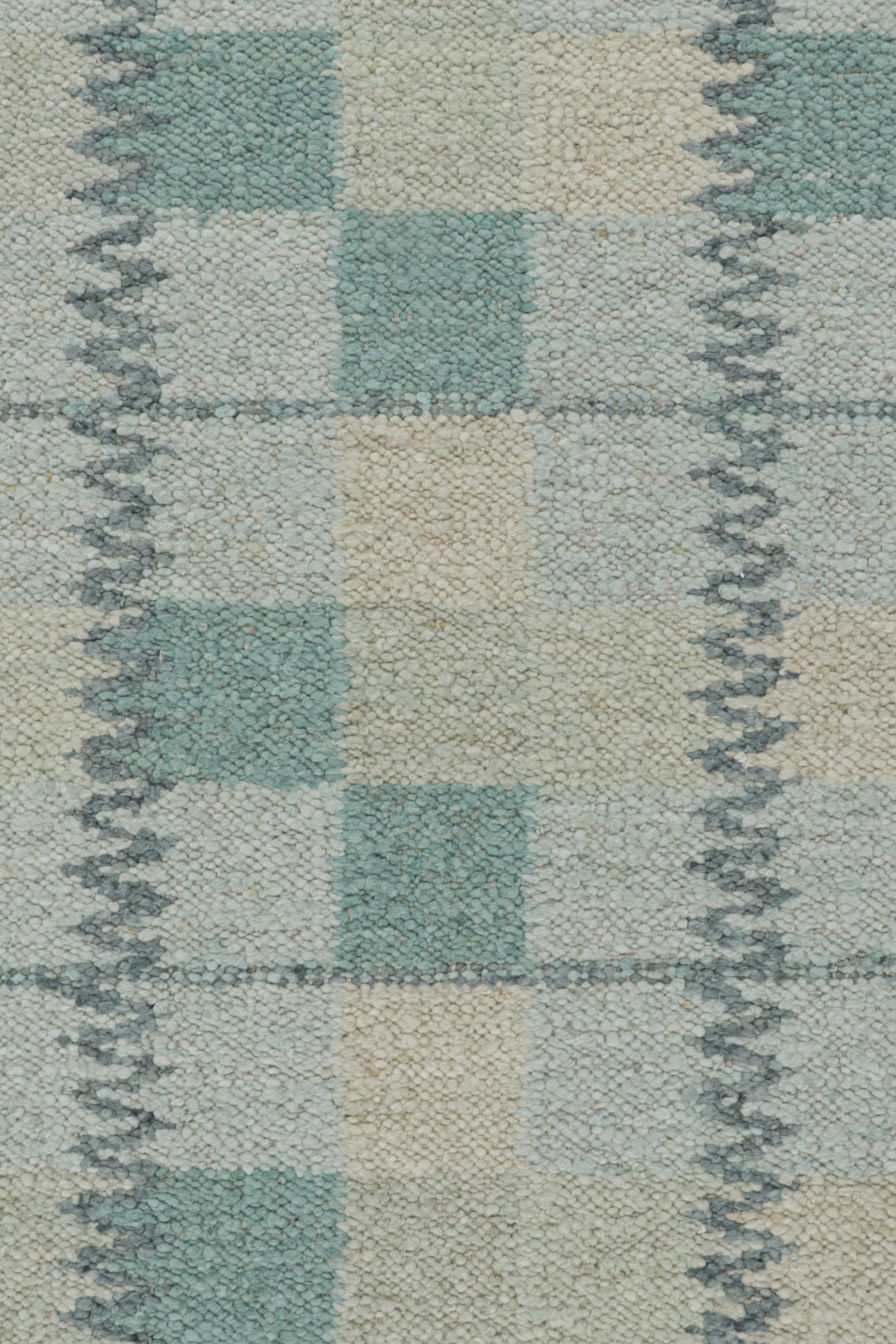 Modern Rug & Kilim’s Scandinavian Style Rug in Teal Blue Tones with Geometric Patterns For Sale