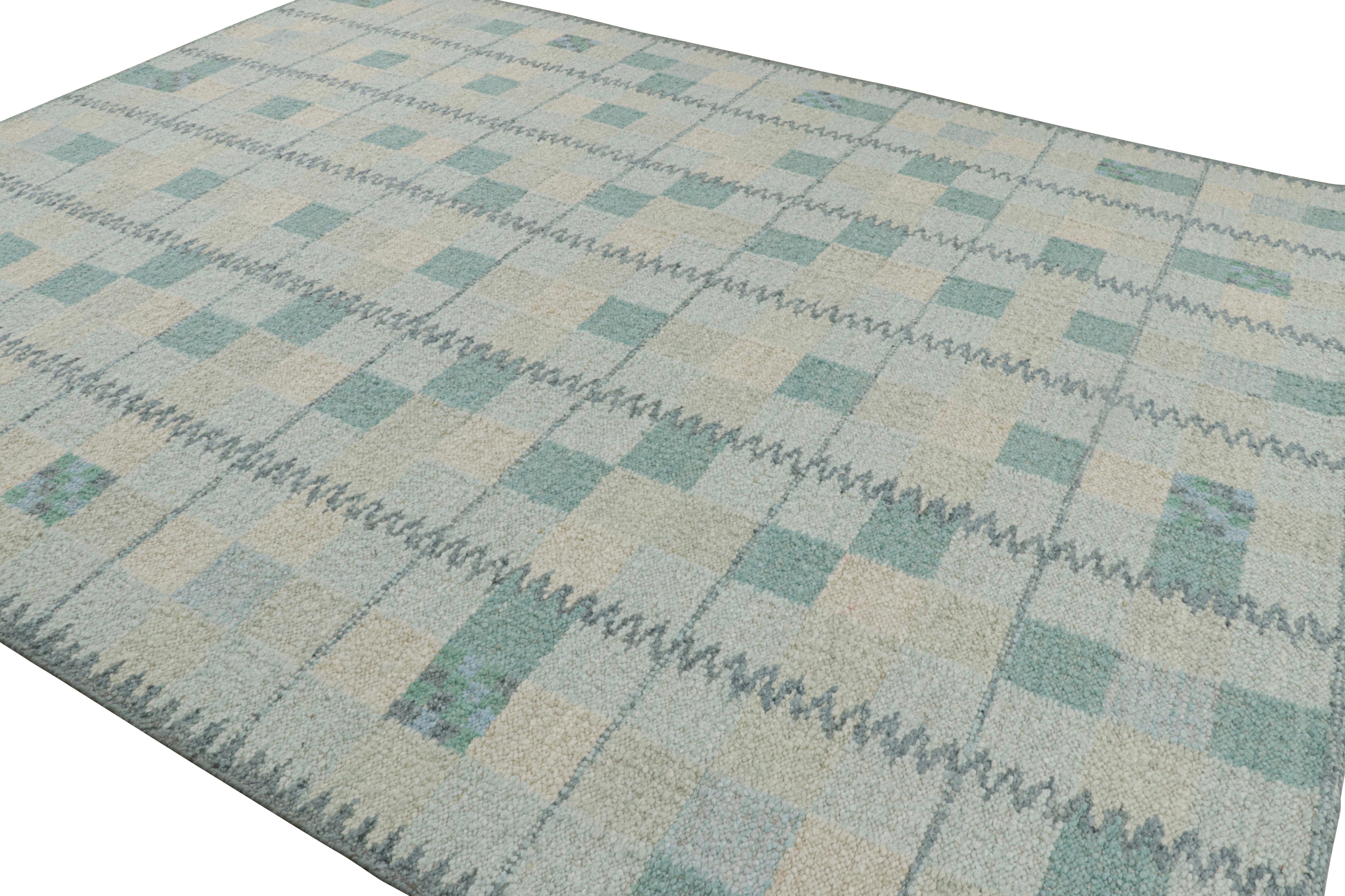 Indian Rug & Kilim’s Scandinavian Style Rug in Teal Blue Tones with Geometric Patterns For Sale