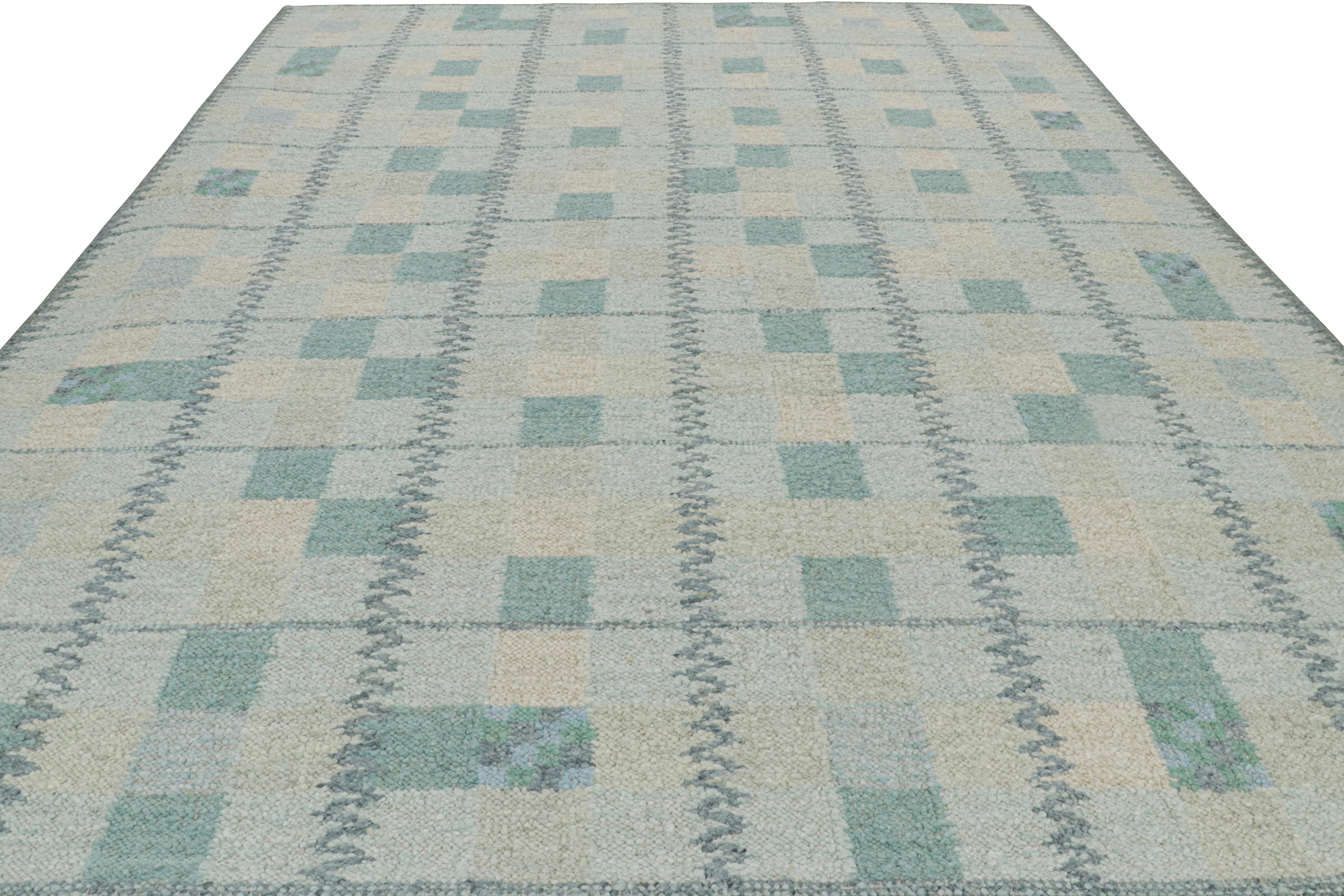 Hand-Woven Rug & Kilim’s Scandinavian Style Rug in Teal Blue Tones with Geometric Patterns For Sale