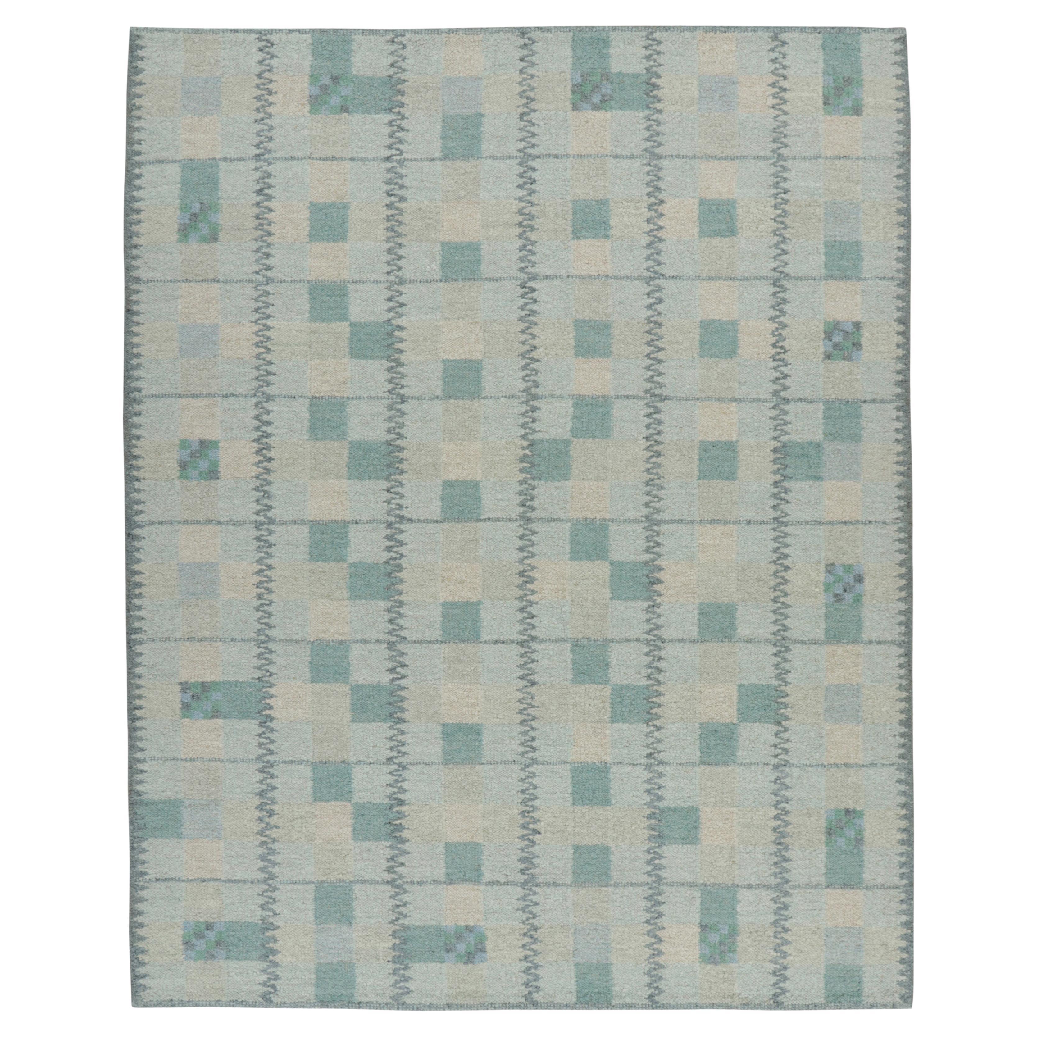 Rug & Kilim's Scandinavian Style Rug in Teal Blue Tones with Geometric Patterns (Tapis de style scandinave dans les tons bleu sarcelle avec des motifs géométriques) en vente