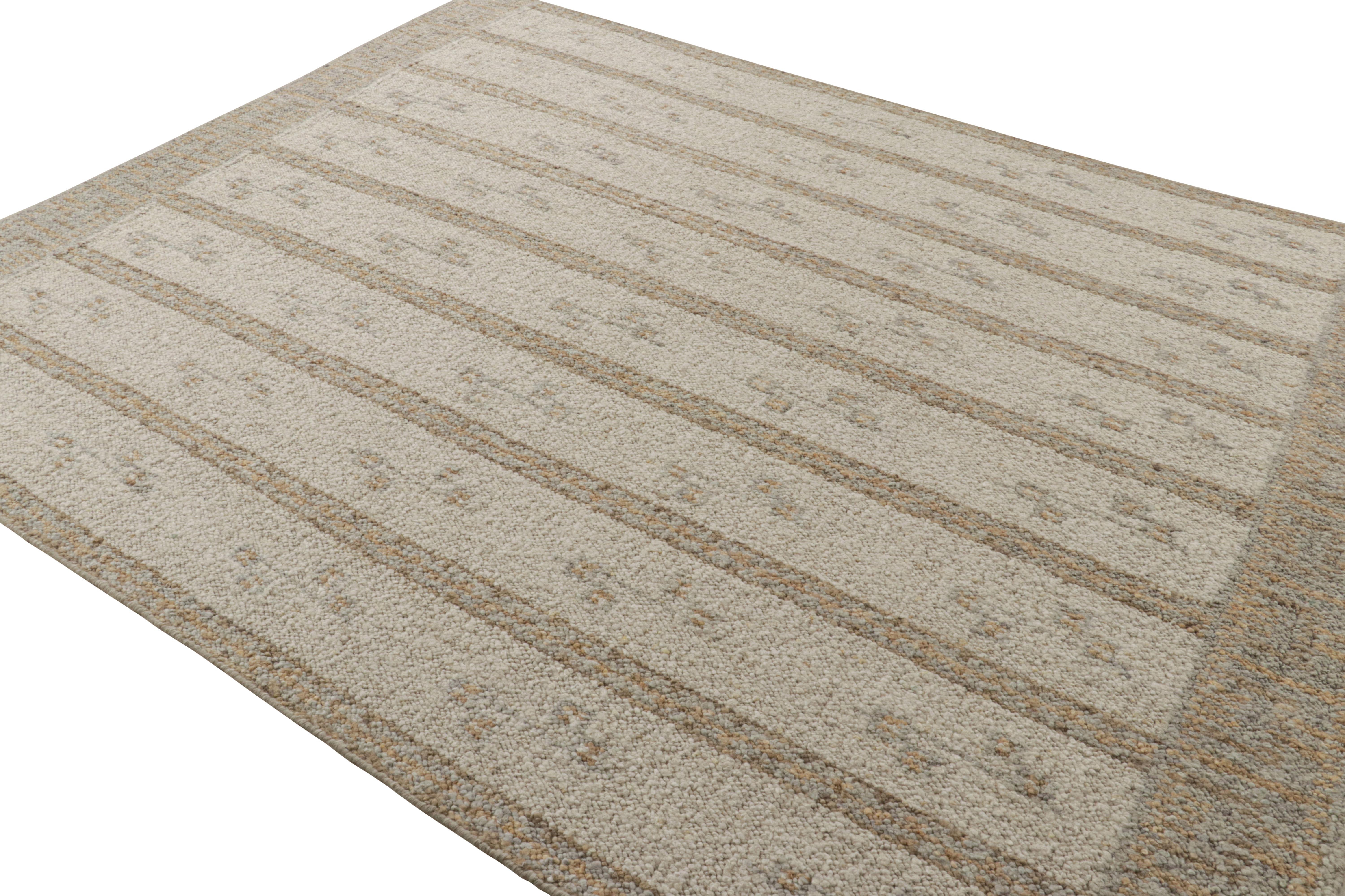 Indian Rug & Kilim’s Scandinavian Style Rug in White & Beige-Brown Stripes and Geometry For Sale