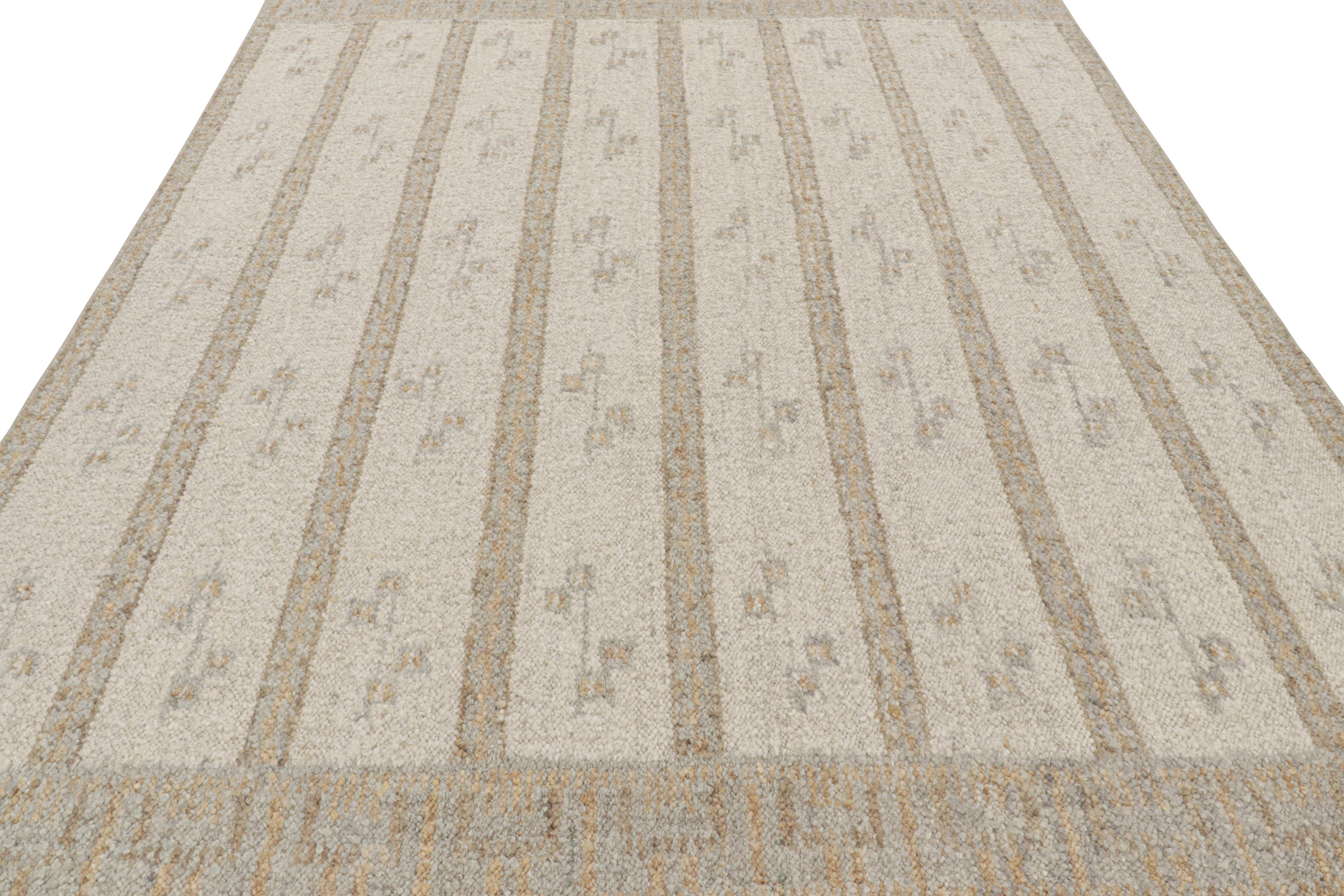 Hand-Knotted Rug & Kilim’s Scandinavian Style Rug in White & Beige-Brown Stripes and Geometry For Sale