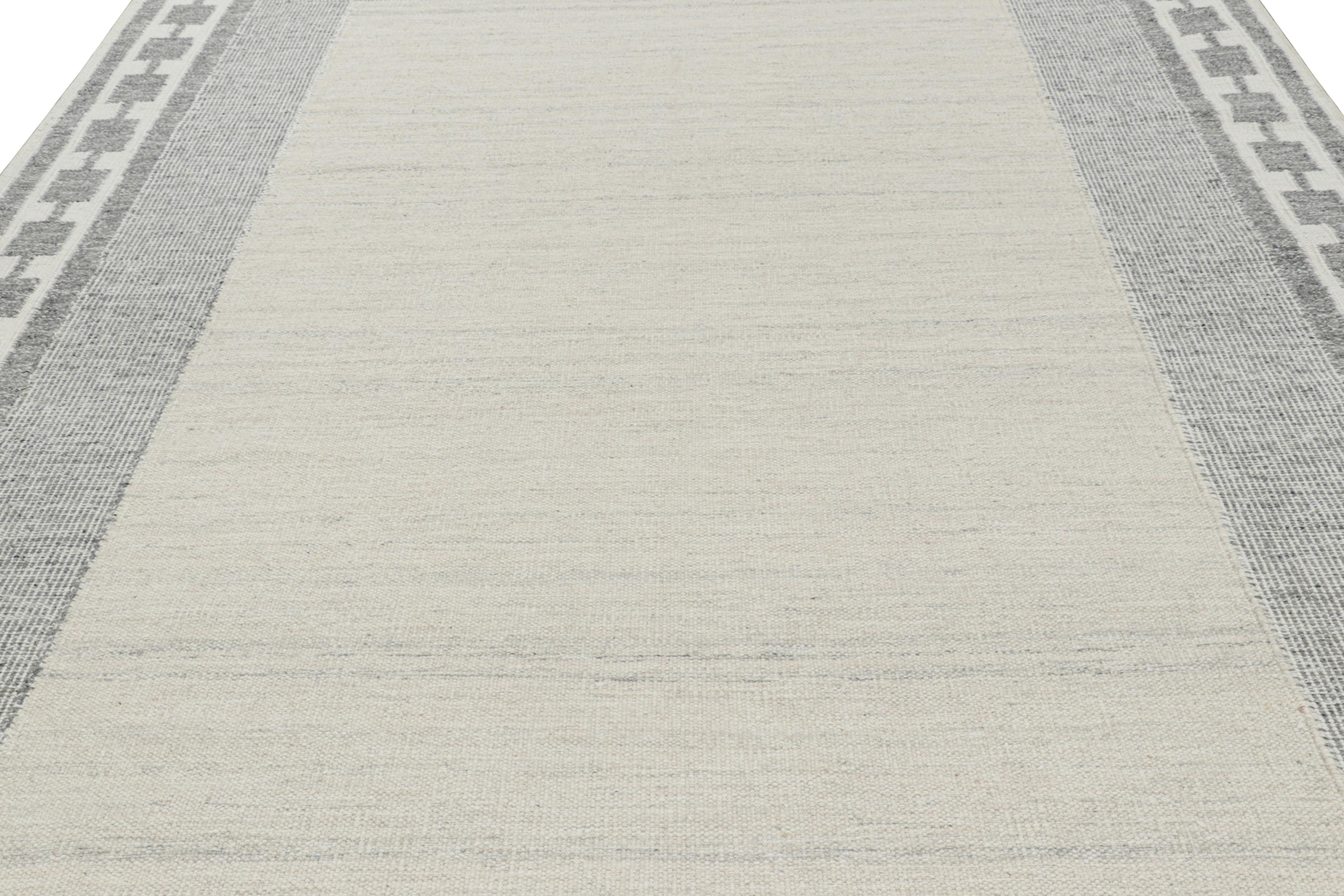 Dieser 9x13 große Teppich aus handgewebter Wolle ist eine aufregende neue Ergänzung der skandinavischen Teppichkollektion von Rug & Kilim - eine zeitgenössische Neuinterpretation des schwedischen Minimalismus und der Vintage-Teppiche und Textilien