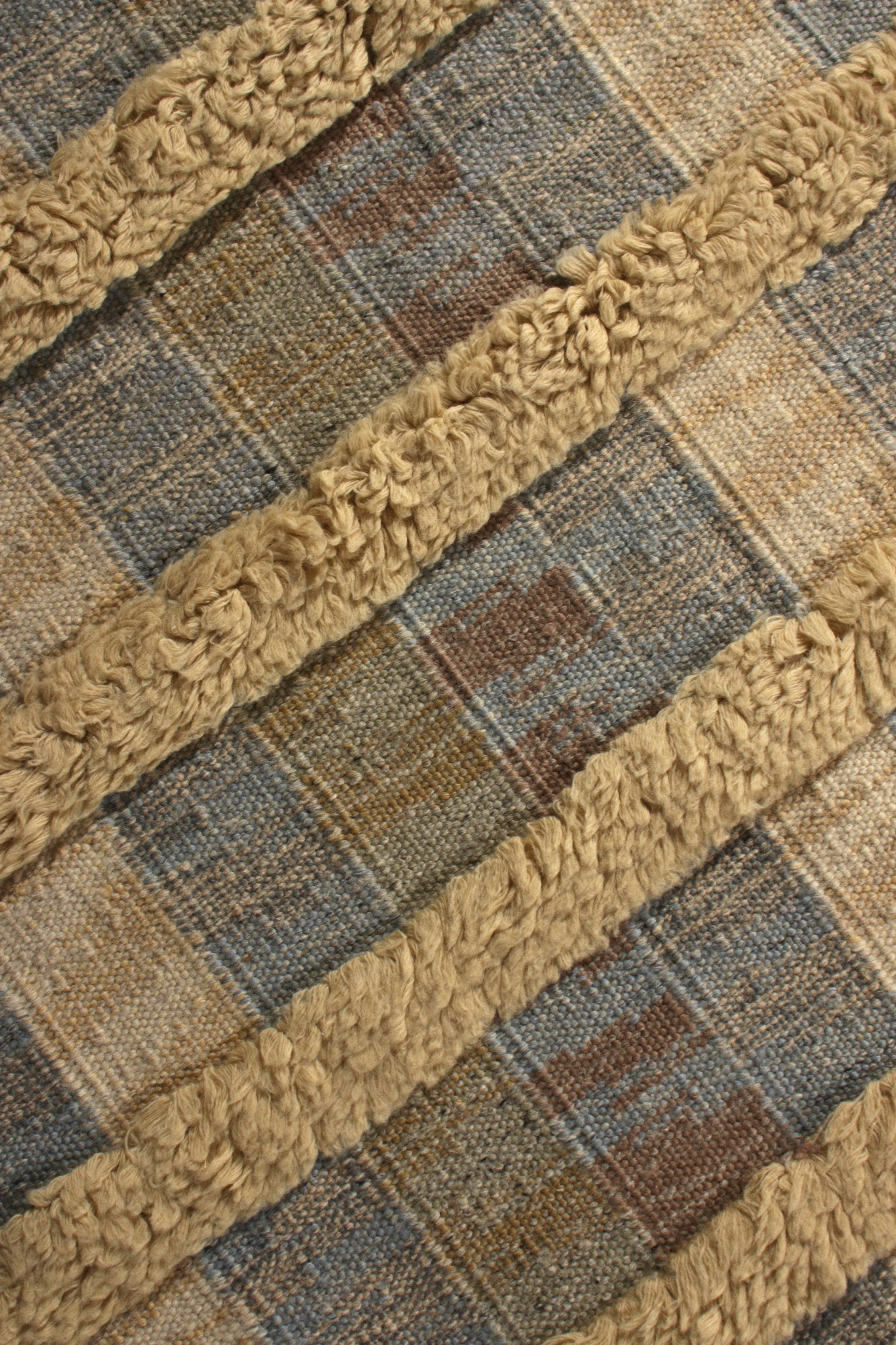 Hand-Woven Rug & Kilim's Scandinavian Style Rug Striped High-Low Beige Blue Pattern For Sale