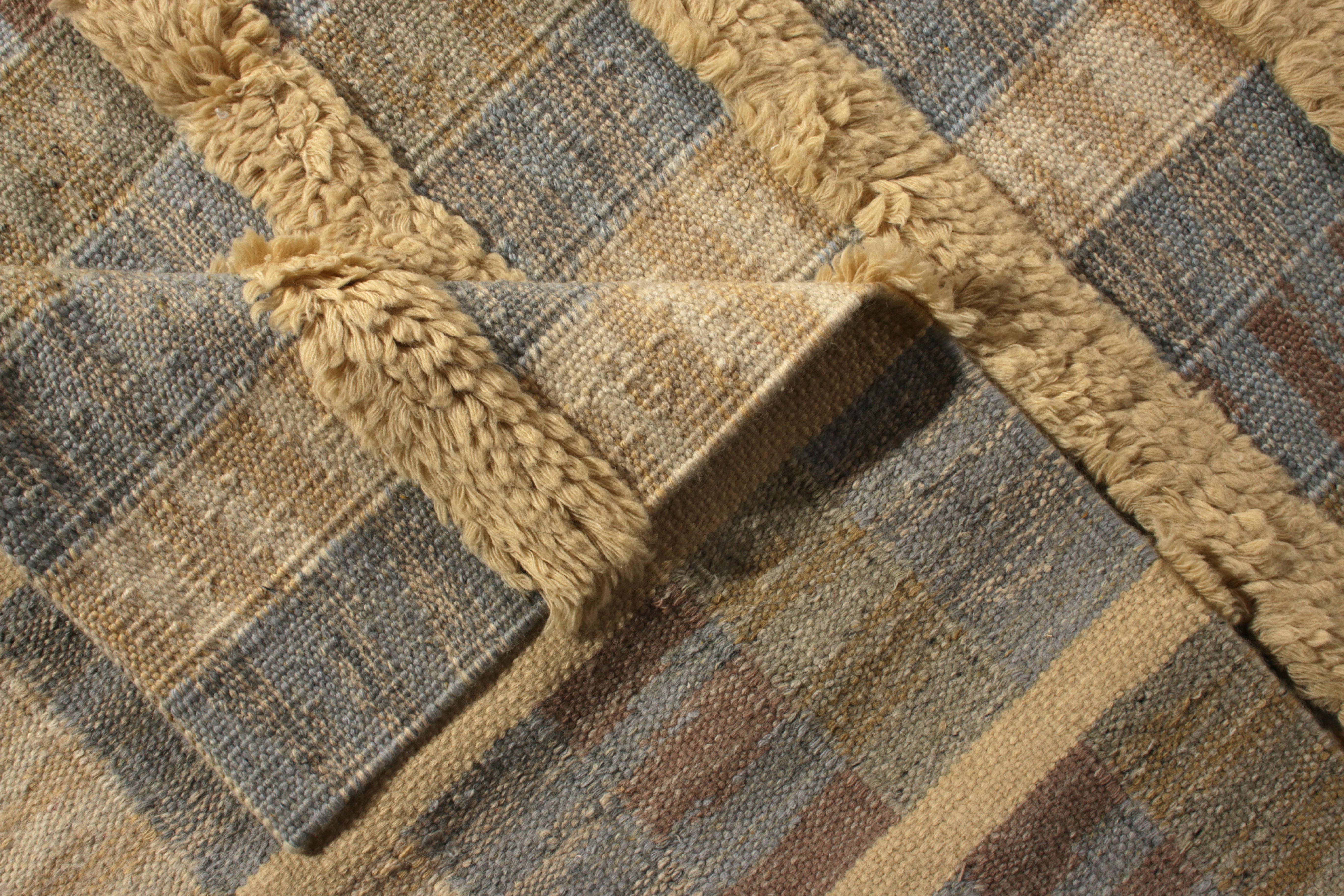 Rug & Kilim's Scandinavian Style Rug Striped High-Low Beige Blue Pattern In New Condition For Sale In Long Island City, NY