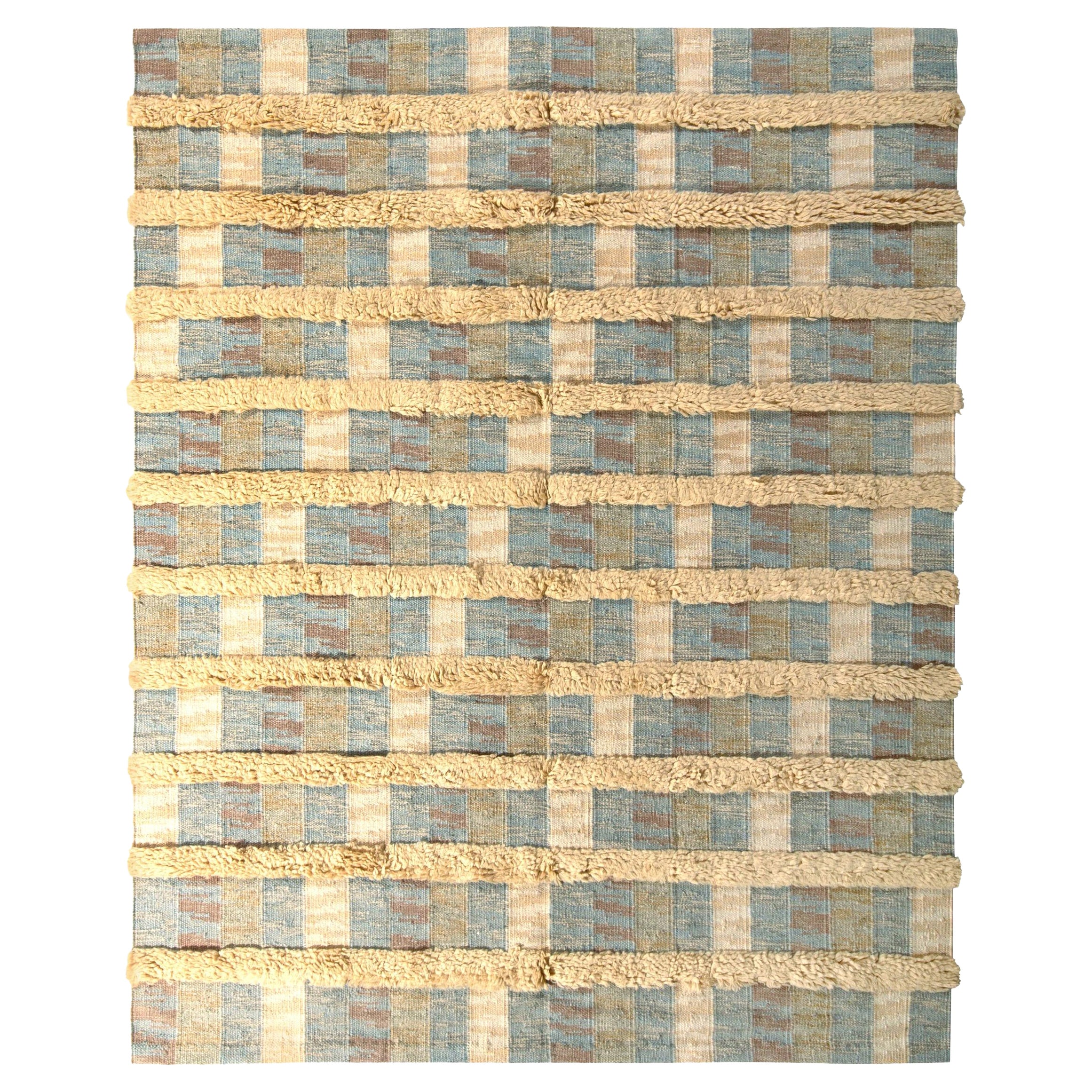 Rug & Kilim - Tappeto in stile scandinavo a strisce alte e basse con motivo blu beige