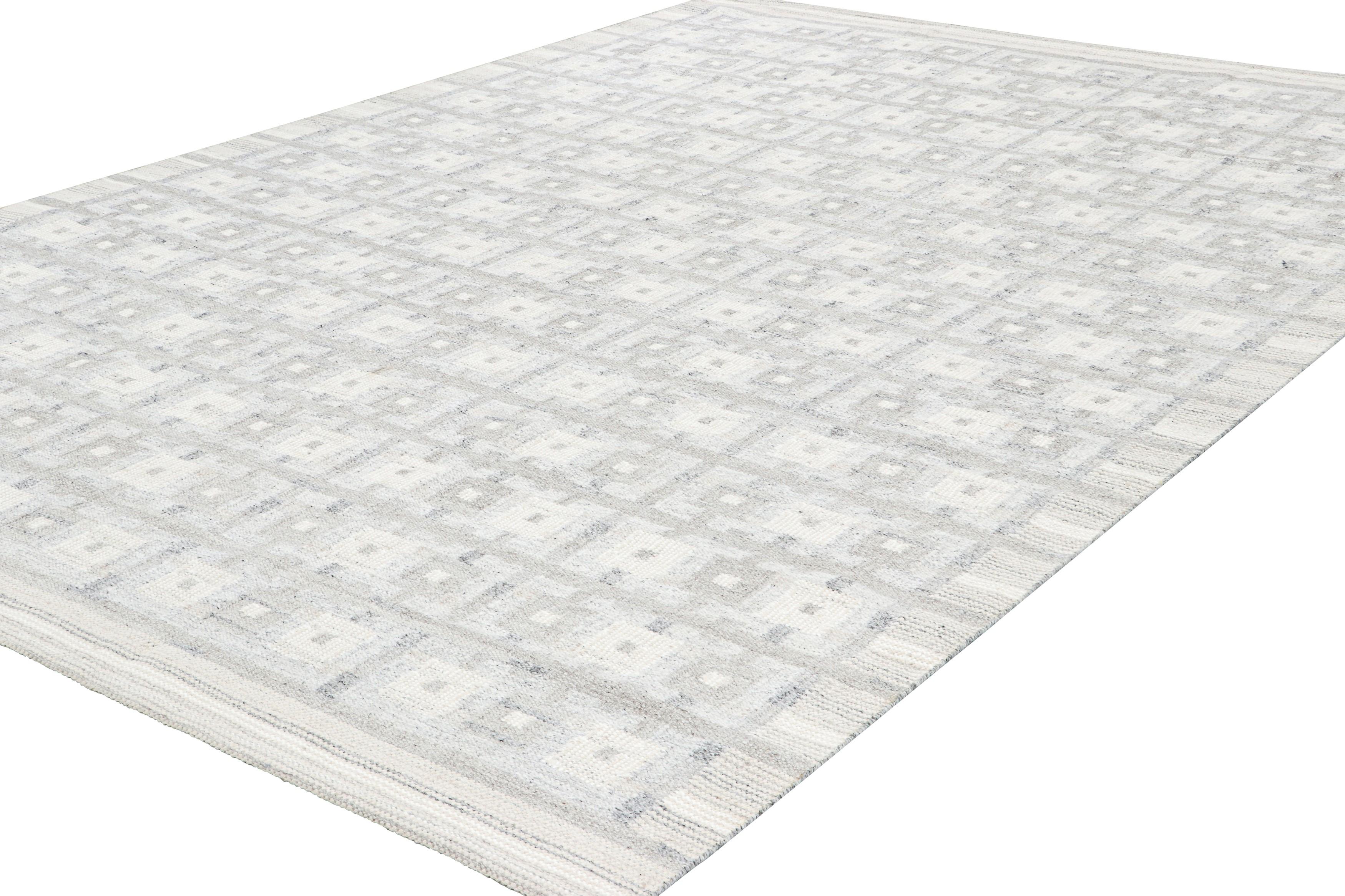 Indian Rug & Kilim’s Scandinavian Style Rug, White and Gray Geometric Patterns For Sale