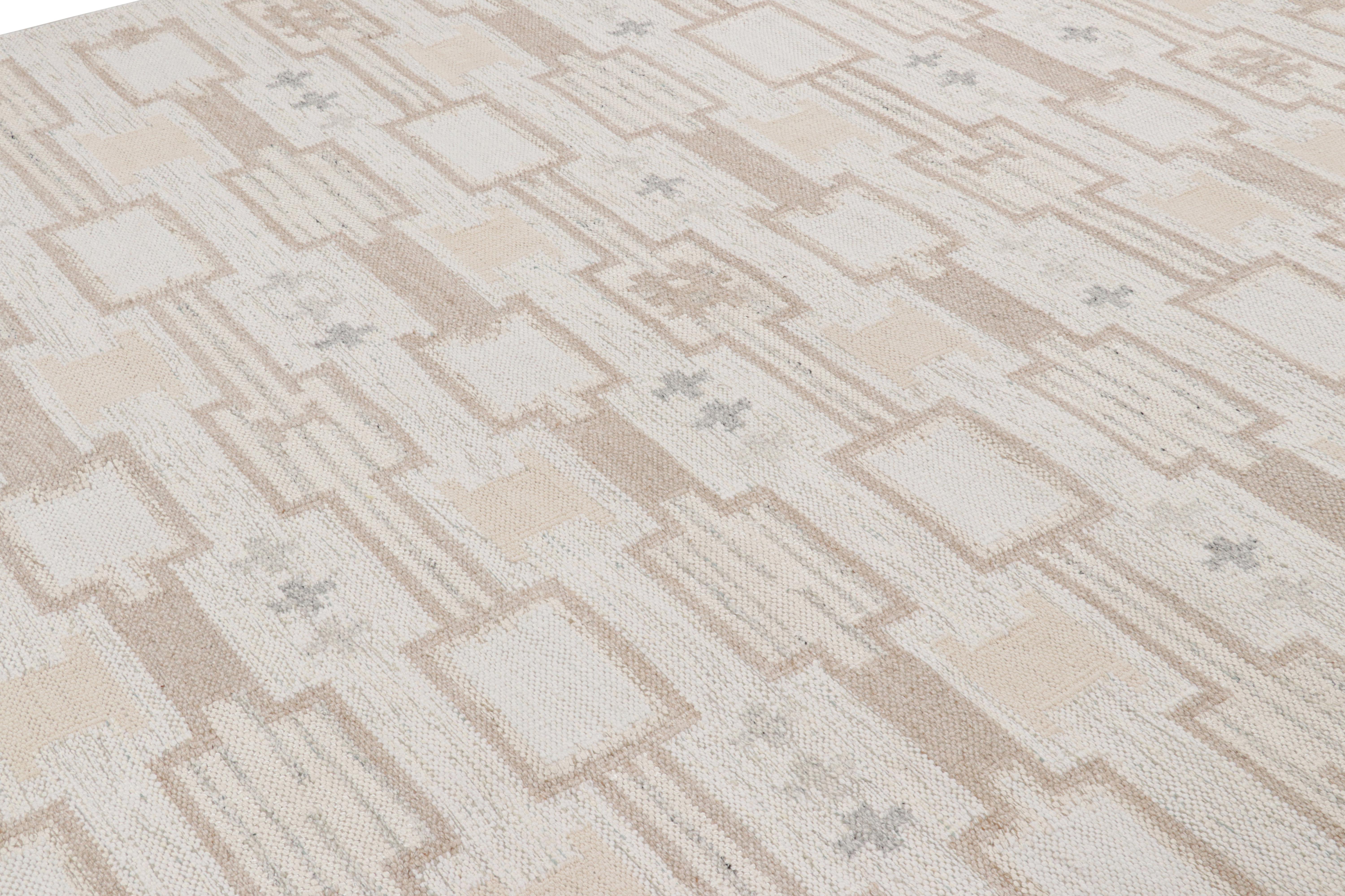Dieser moderne Teppich im Format 9x12 im schwedischen Stil ist eine kühne Neuheit in der Scandinavian Collection'S von Rug & Kilim. Das handgewebte Flachgewebe aus Wolle mit ungefärbten Naturgarnen ist von schwedischen minimalistischen Designs