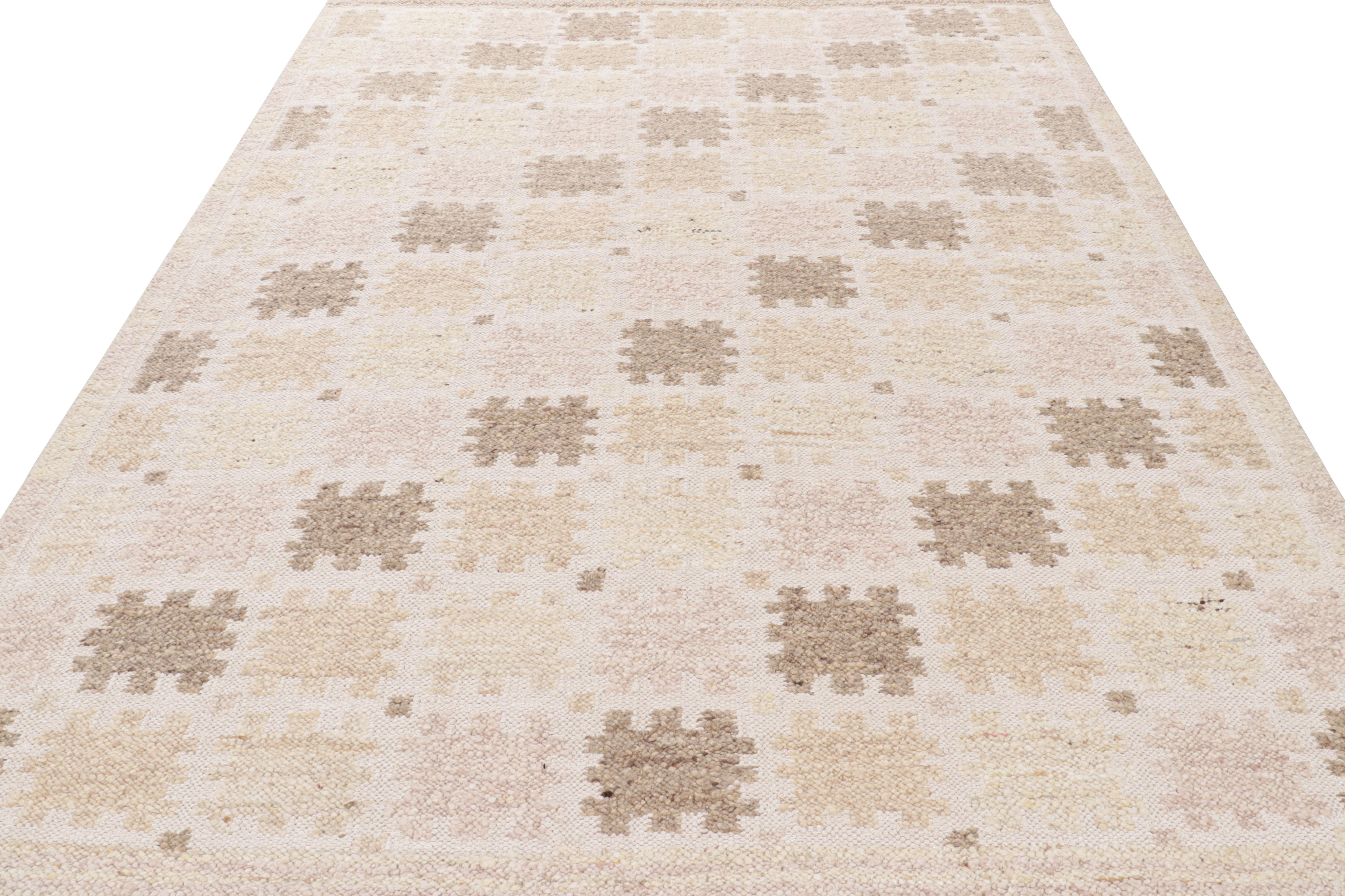 Hand-Woven Rug & Kilim’s Scandinavian Style Rug with Beige-Brown, White Geometric Pattern For Sale